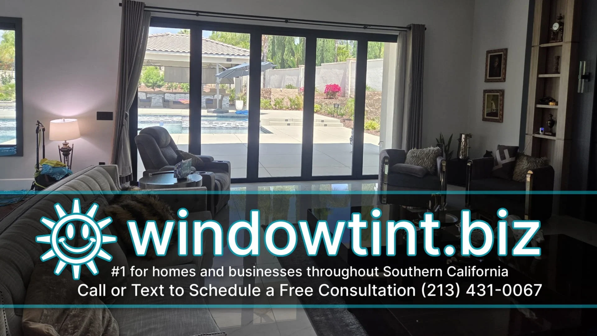 House window tint in Riverside CA installed on large living room sliding glass doors near a pool patio