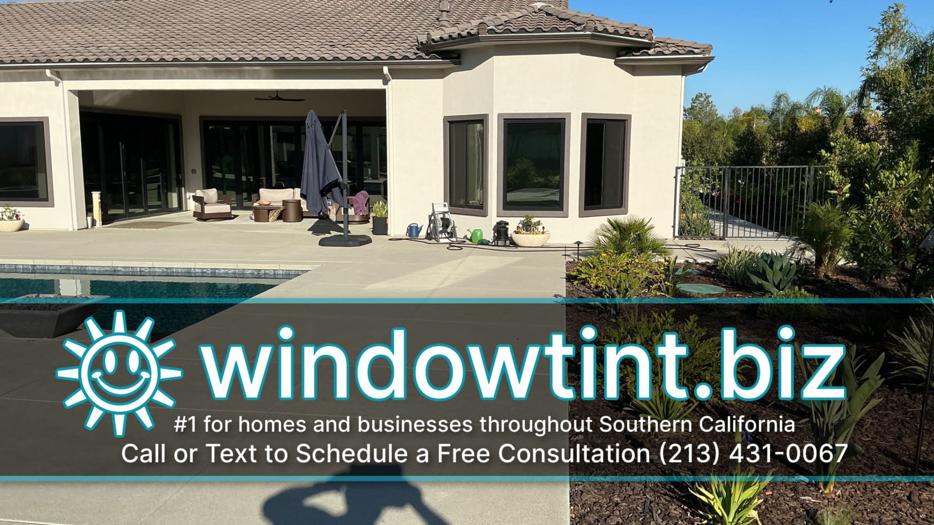 Residential window tinting near me in Riverside CA for side windows on a stucco home