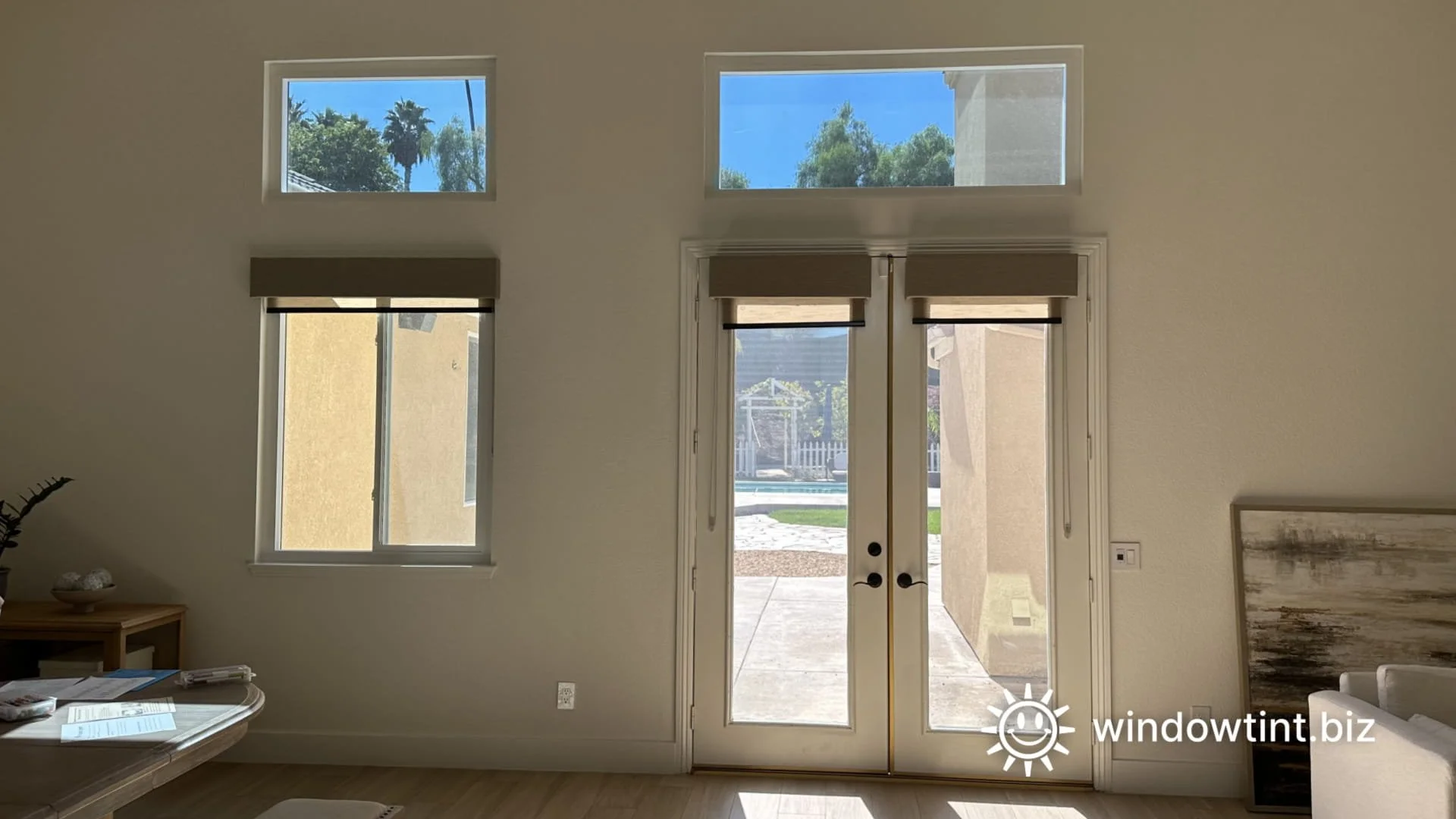 Home window film installed on sliding glass doors to reduce heat and glare in a residential living space in Corona, California.