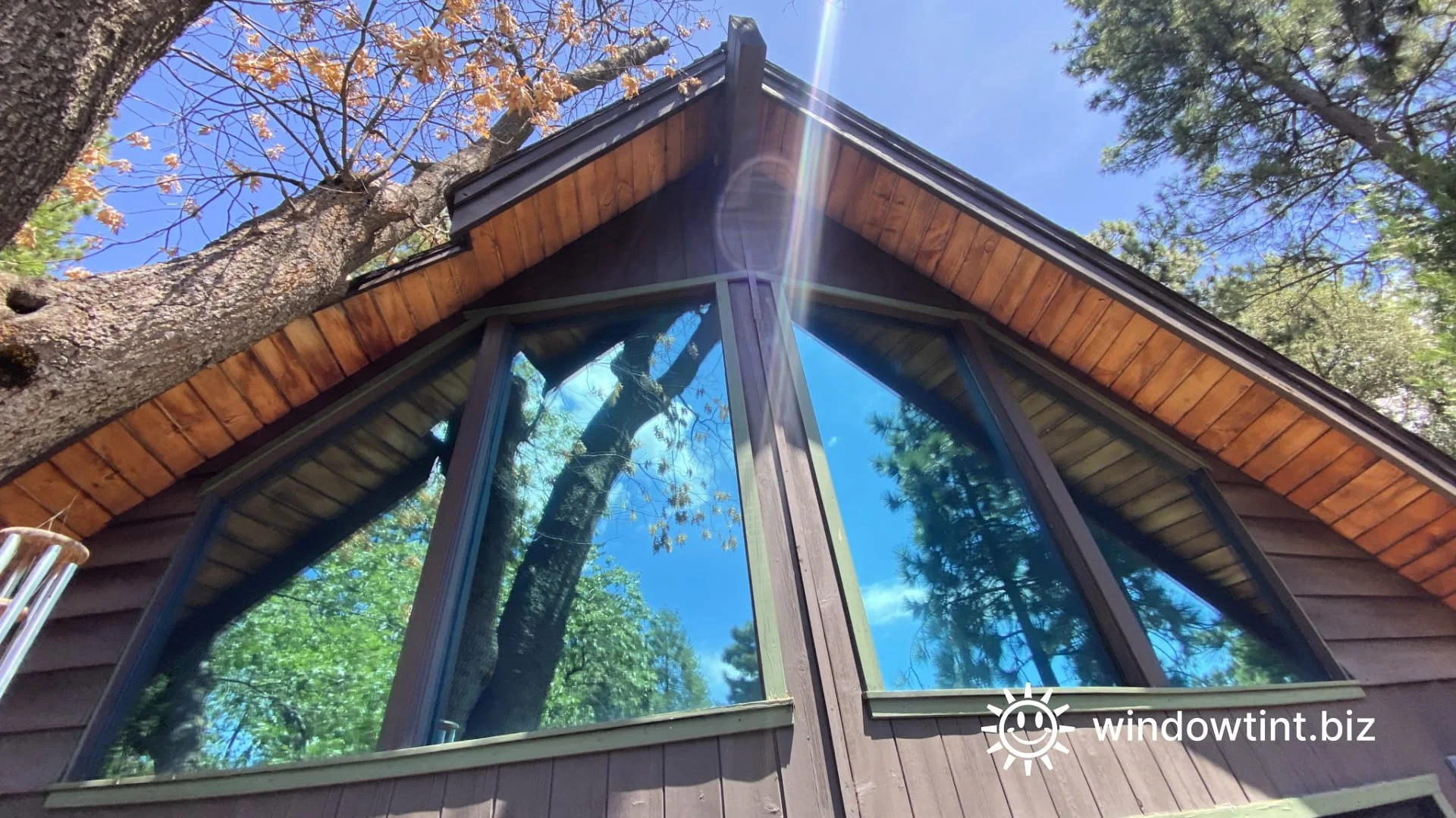 Interior cabin view through tinted windows in Running Springs CA showing reduced glare and preserved natural light and forest views