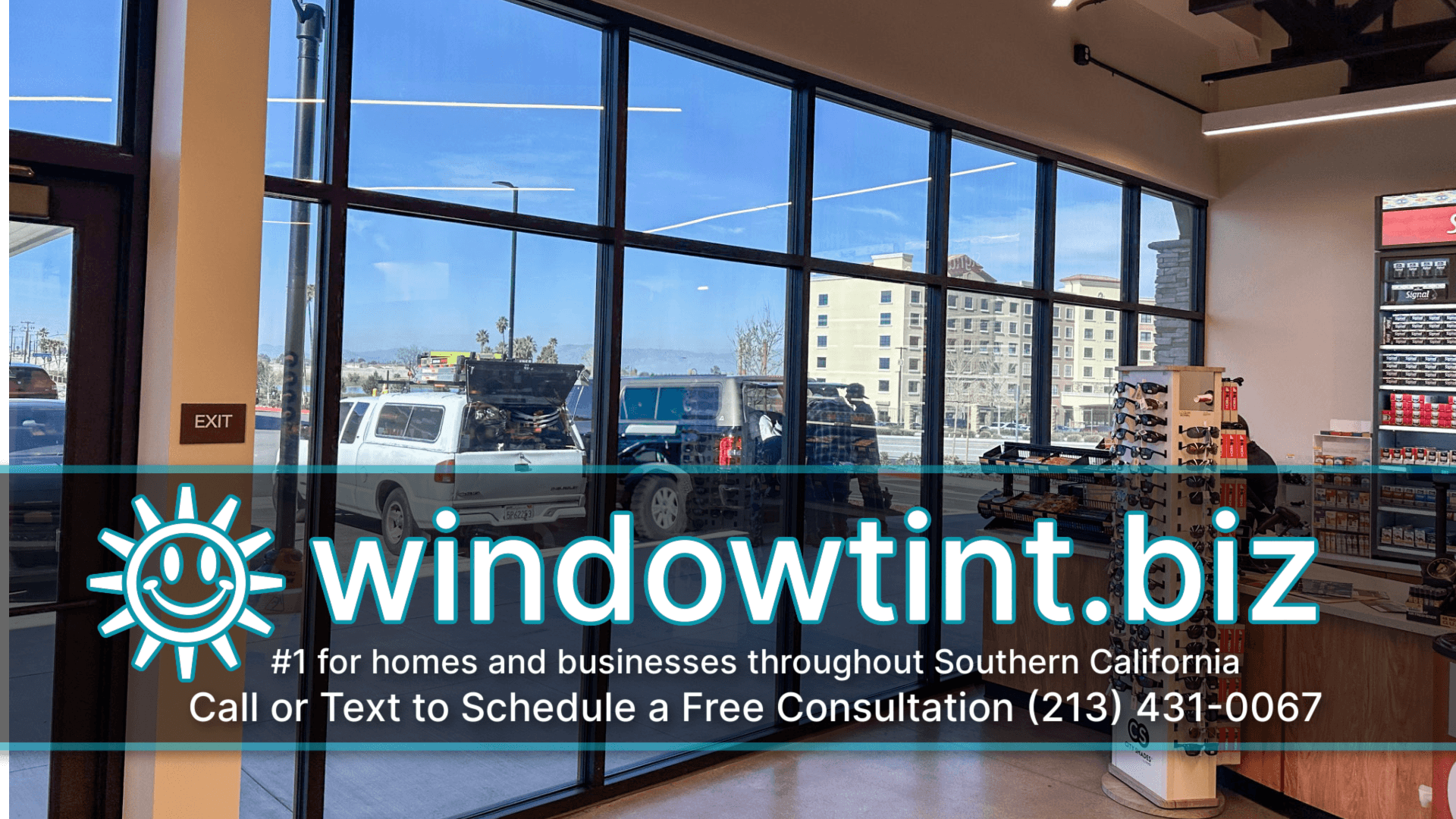 Inside commercial property with dual reflective window tint for glare control and daytime privacy