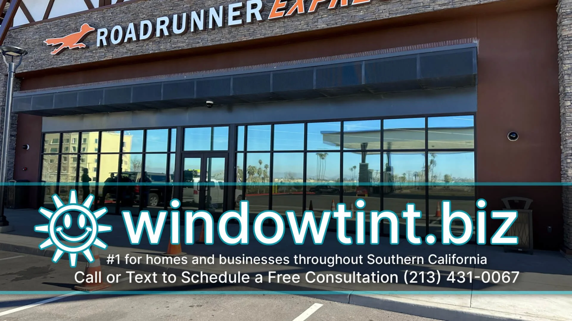 Exterior view of San Jacinto commercial storefront after dual reflective window film installation