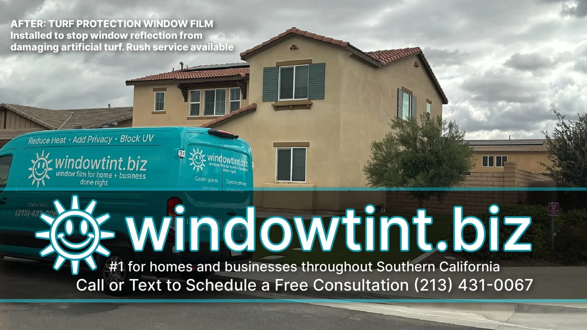Window Tint Biz van at Southern California home for rush turf protection window film installation