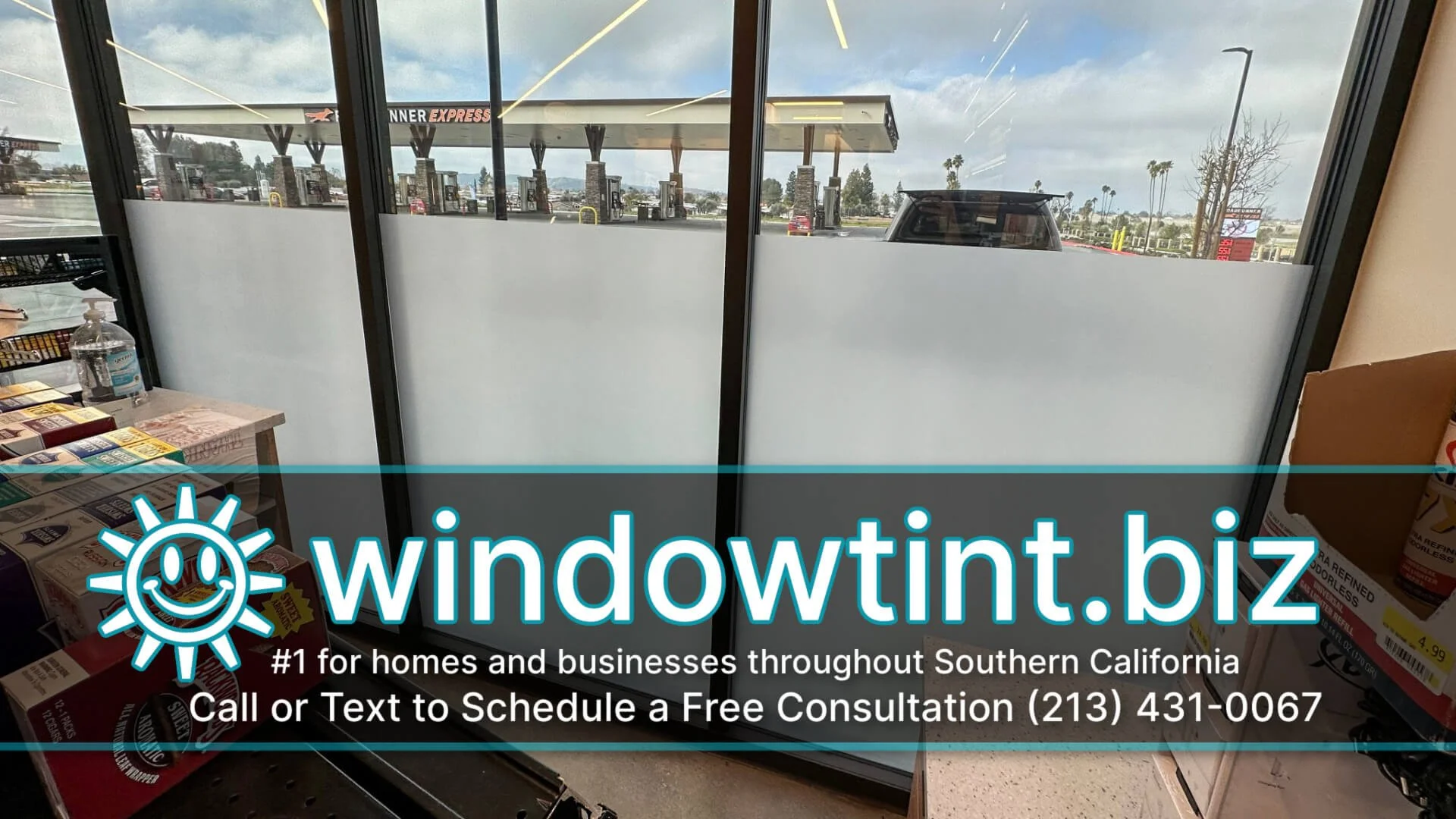 Commercial privacy frost film used to conceal shelving while allowing natural light
