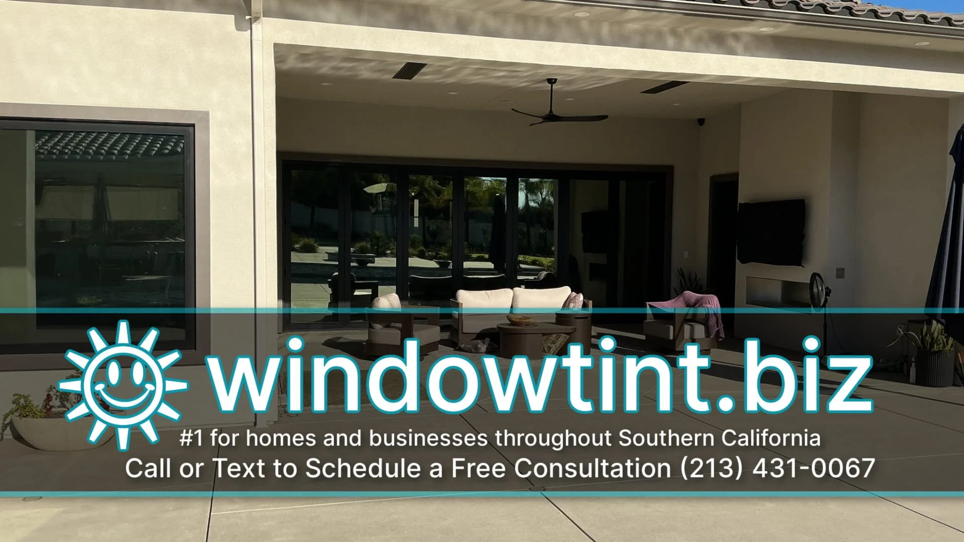Privacy window film for home patio doors in Riverside CA with covered backyard seating area