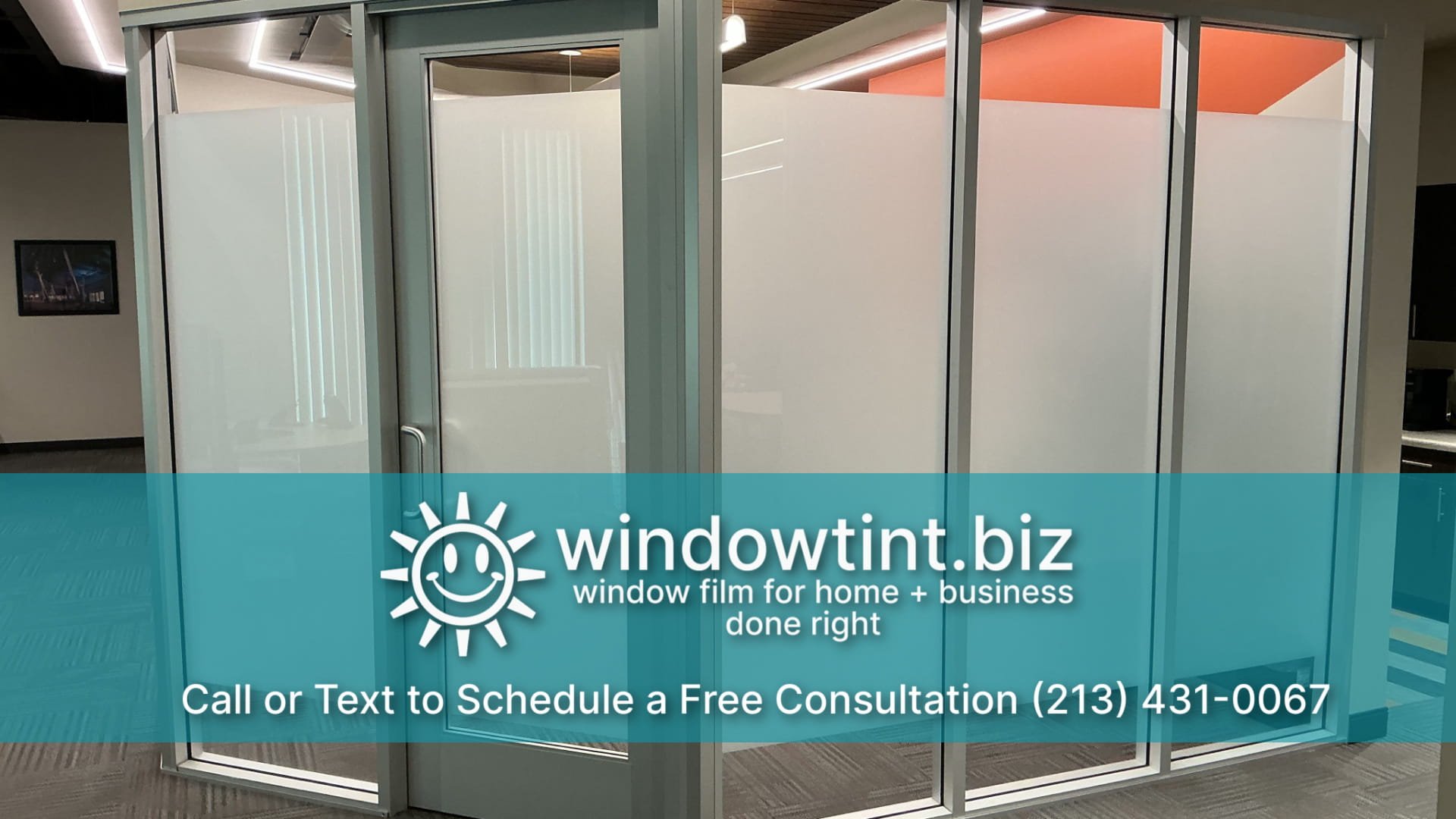 Commercial frosted glass band installed on interior office windows for privacy