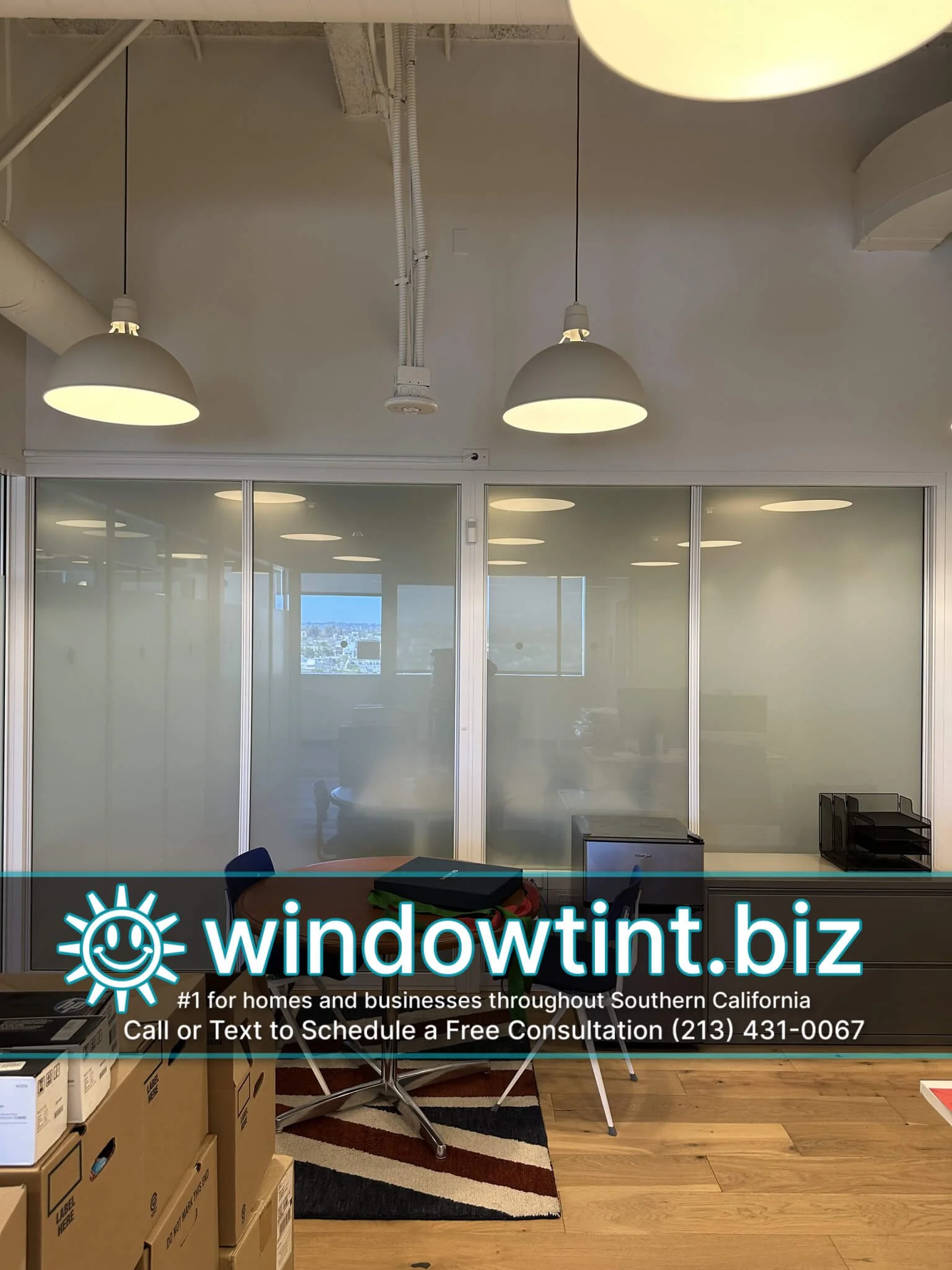 Frosted privacy window film installed on interior glass offices at Cedars-Sinai for added privacy while maintaining natural light.