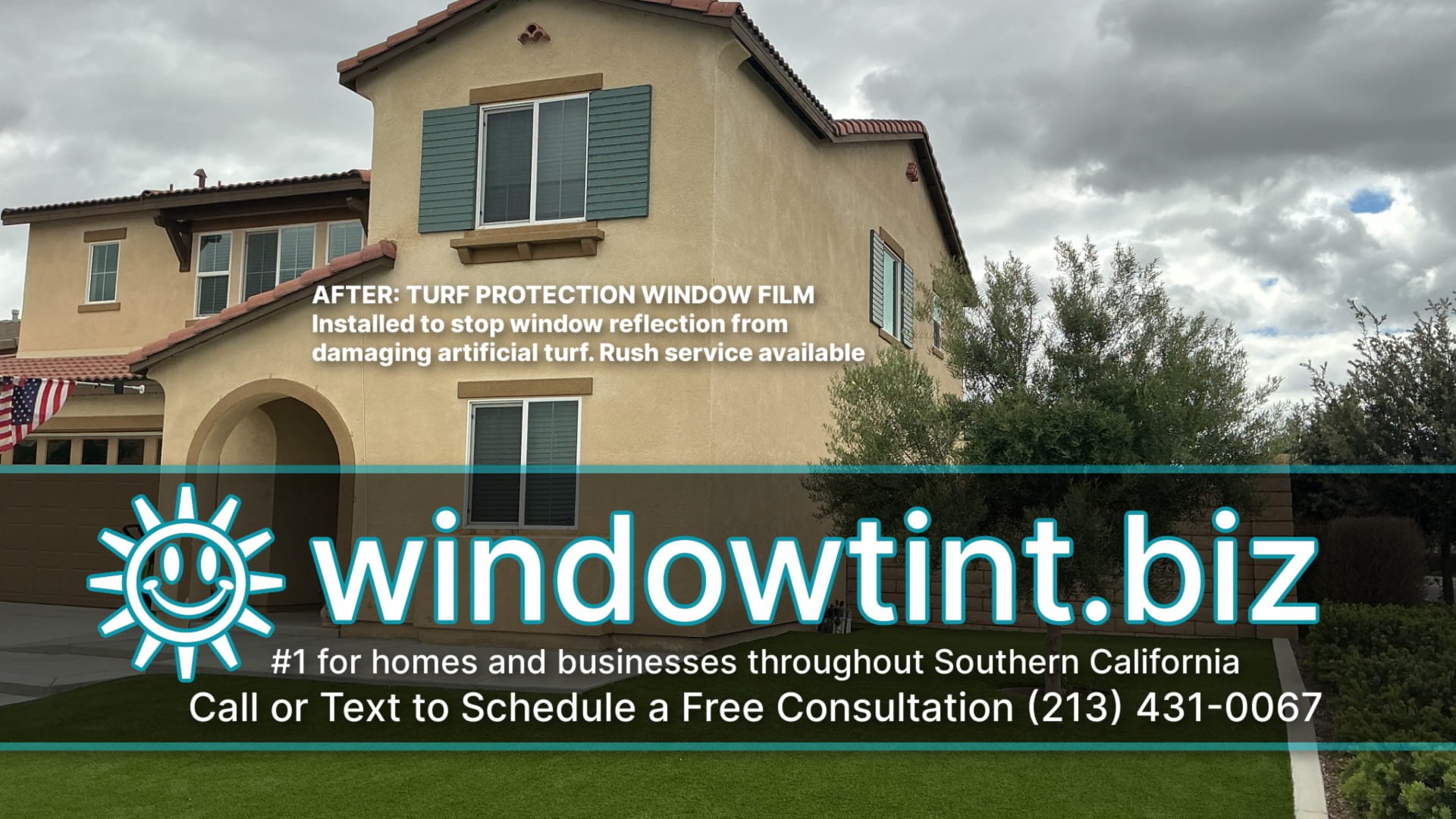 After installation window film to help stop turf burn from home window reflection