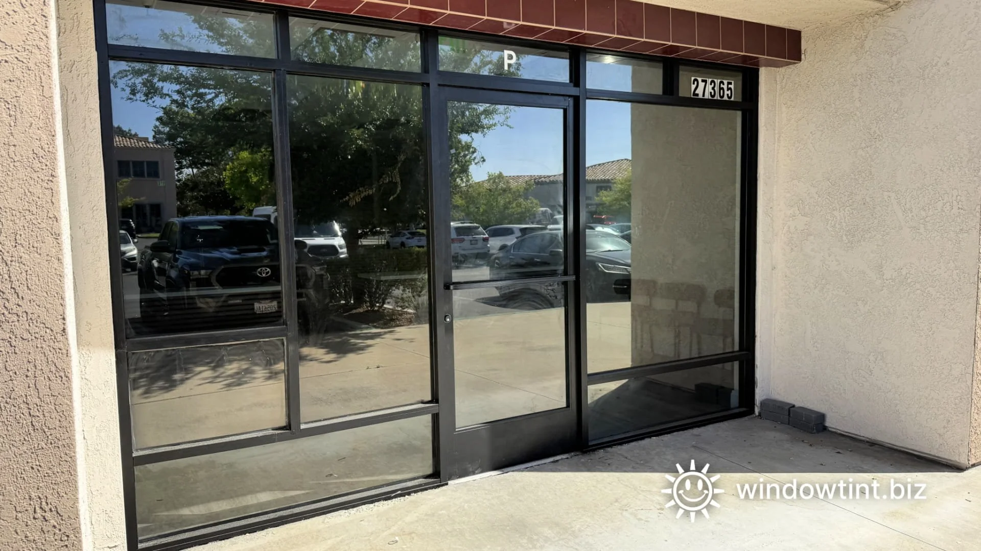 Finished storefront window tinting in Temecula California for business heat reduction UV protection and improved exterior appearance