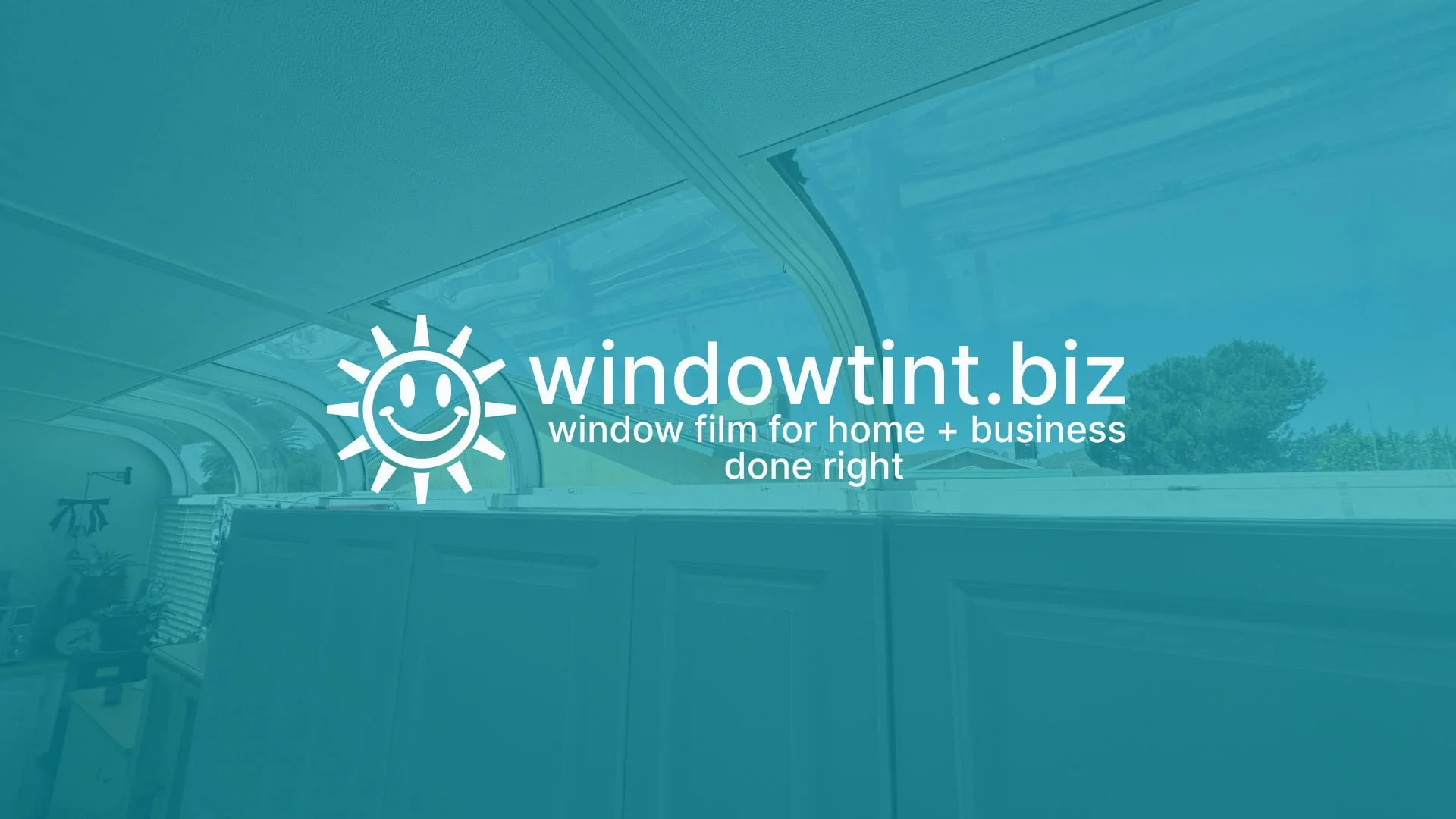 Curved sunroom windows with window film installed to reduce heat and glare in a Southern California home.