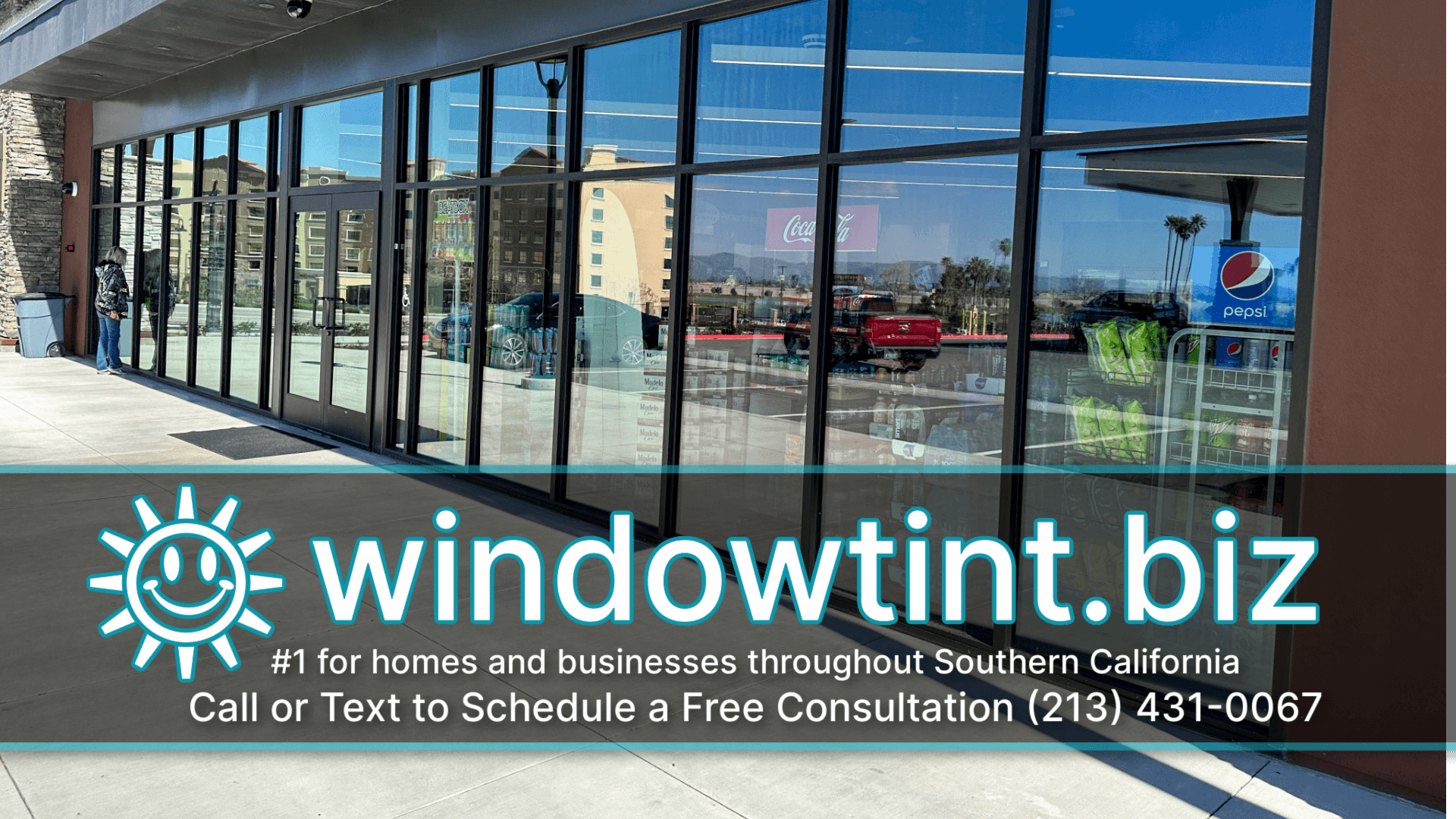 Commercial glass before dual reflective window tint installation in San Jacinto