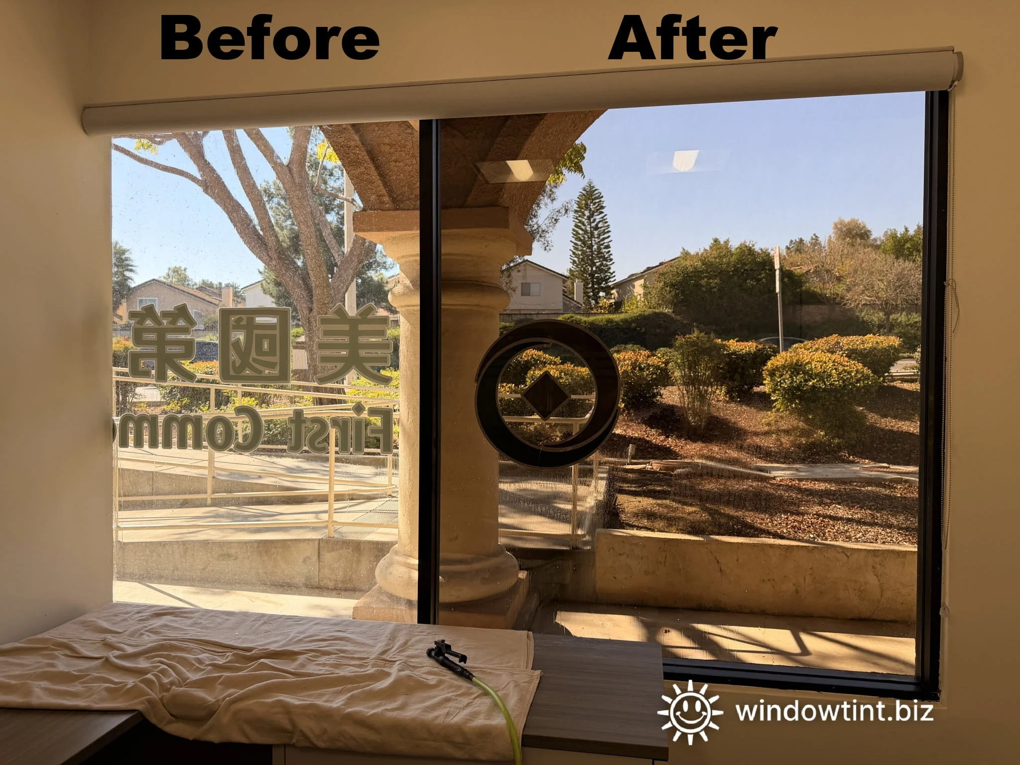 Before and after window tinting in Chino Hills bank showing improved clarity reduced glare and enhanced view from inside