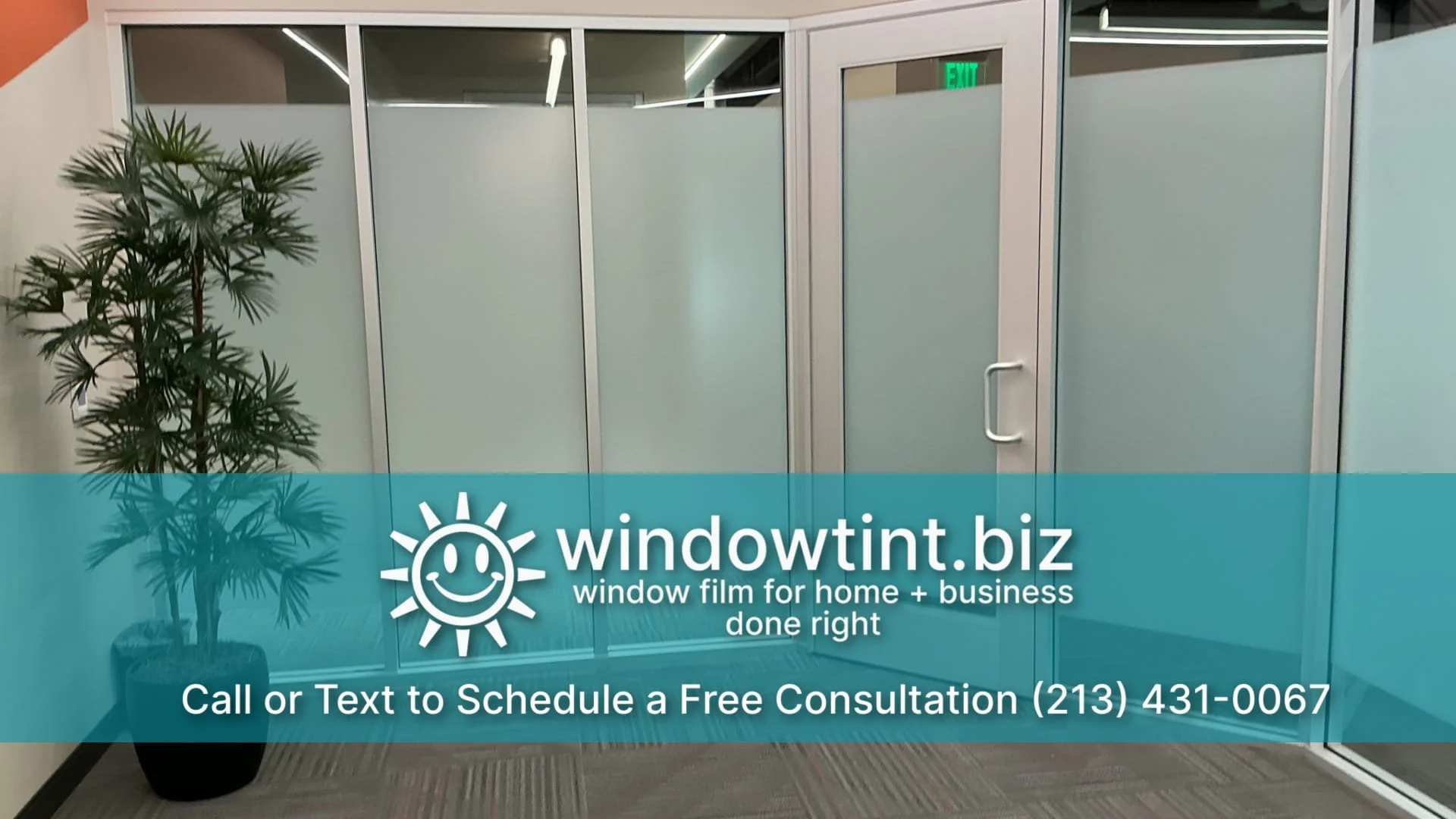 Frosted window film band installed across commercial conference room glass panels and door