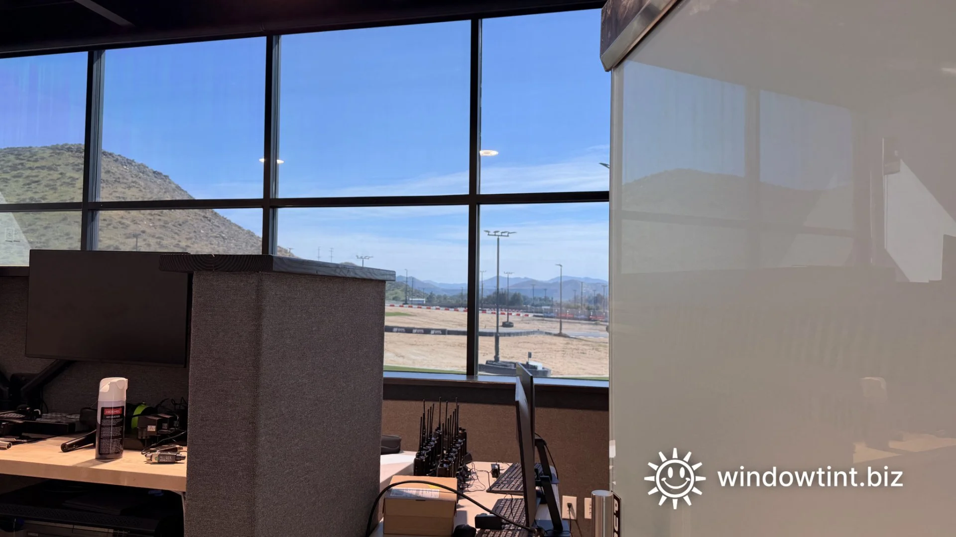 Office windows with window tint applied for heat reduction and glare control in Temecula California commercial building