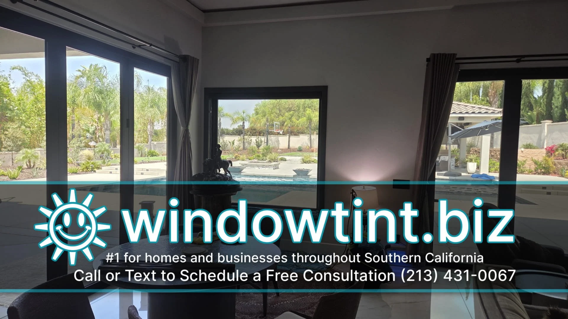 Home window tinting in Riverside CA for pool-facing windows and patio doors in a bright living space