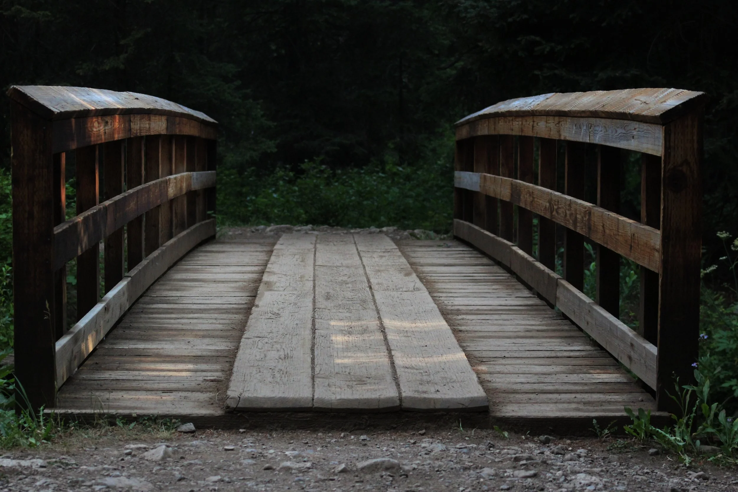 a close up of a wooden bridge running from foreground to background