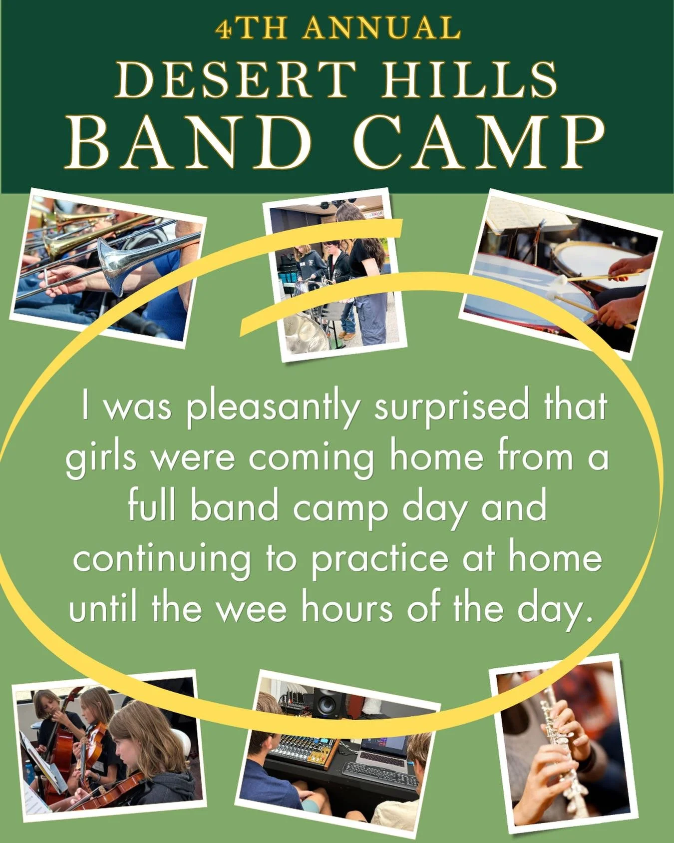 THIS! This is what we hope for every student that joins us for the Desert Hills Band Camp. What an amazing parent review from last year. We get so happy when we hear of students getting truly INSPIRED to make music on a next level. In less than two w