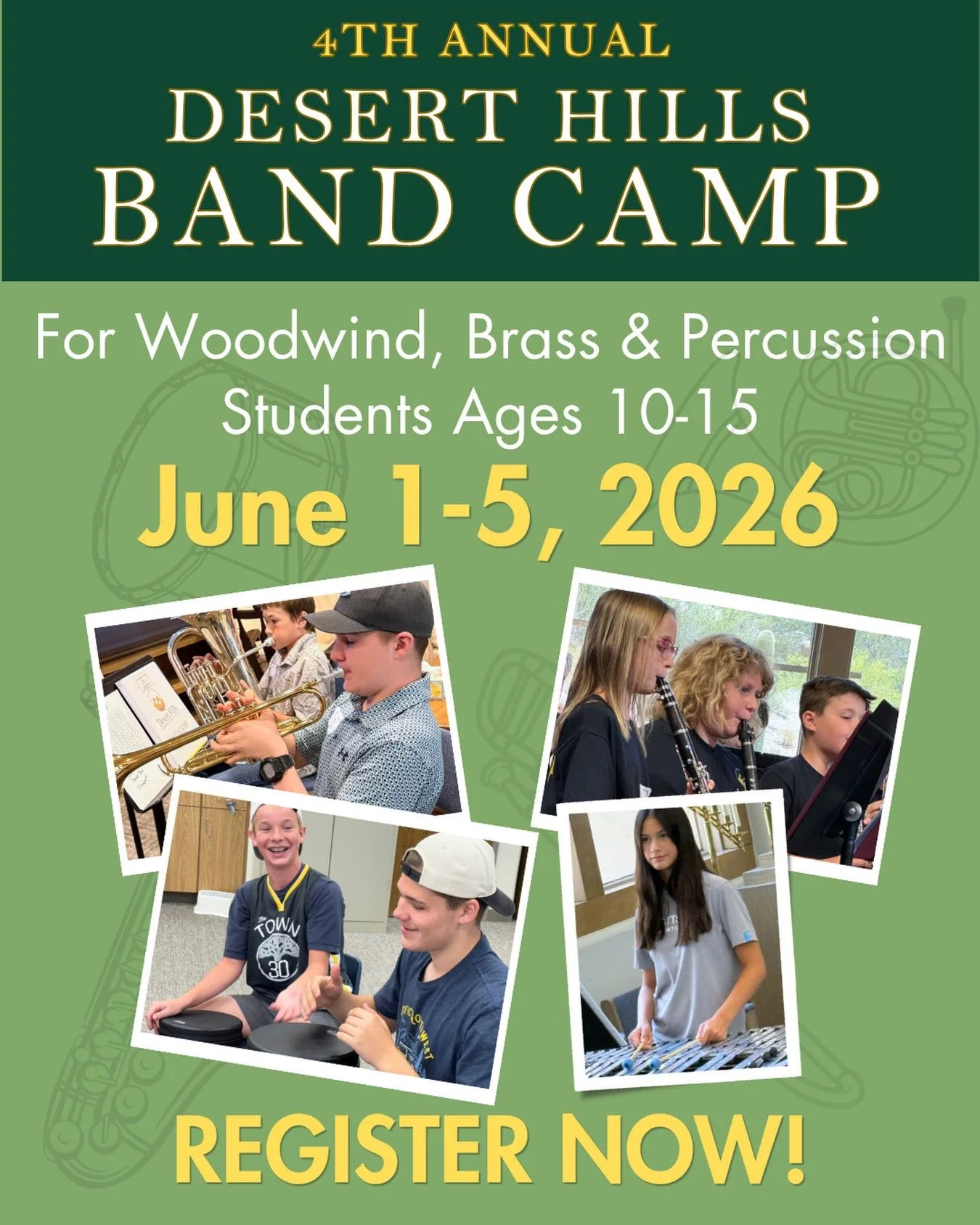 Coming soon! A full week of growing musically, exploring new skills, enjoying concerts by professional musicians, and making friends. The Desert Hills Community School of Music BAND CAMP will keep student musicians inspired and energized to make musi