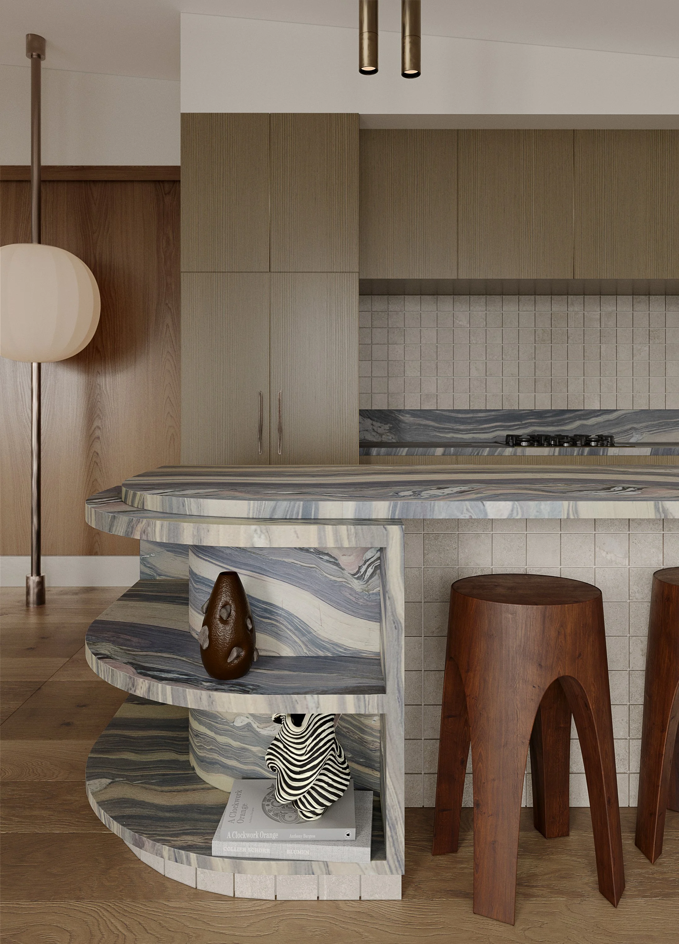 Modern kitchen with a curved marble counter, wooden bar stools, a beige tiled backsplash, and a wooden floor. Modern Melbourne living room designed by Palooza Design with warm neutral palette by Palooza Design