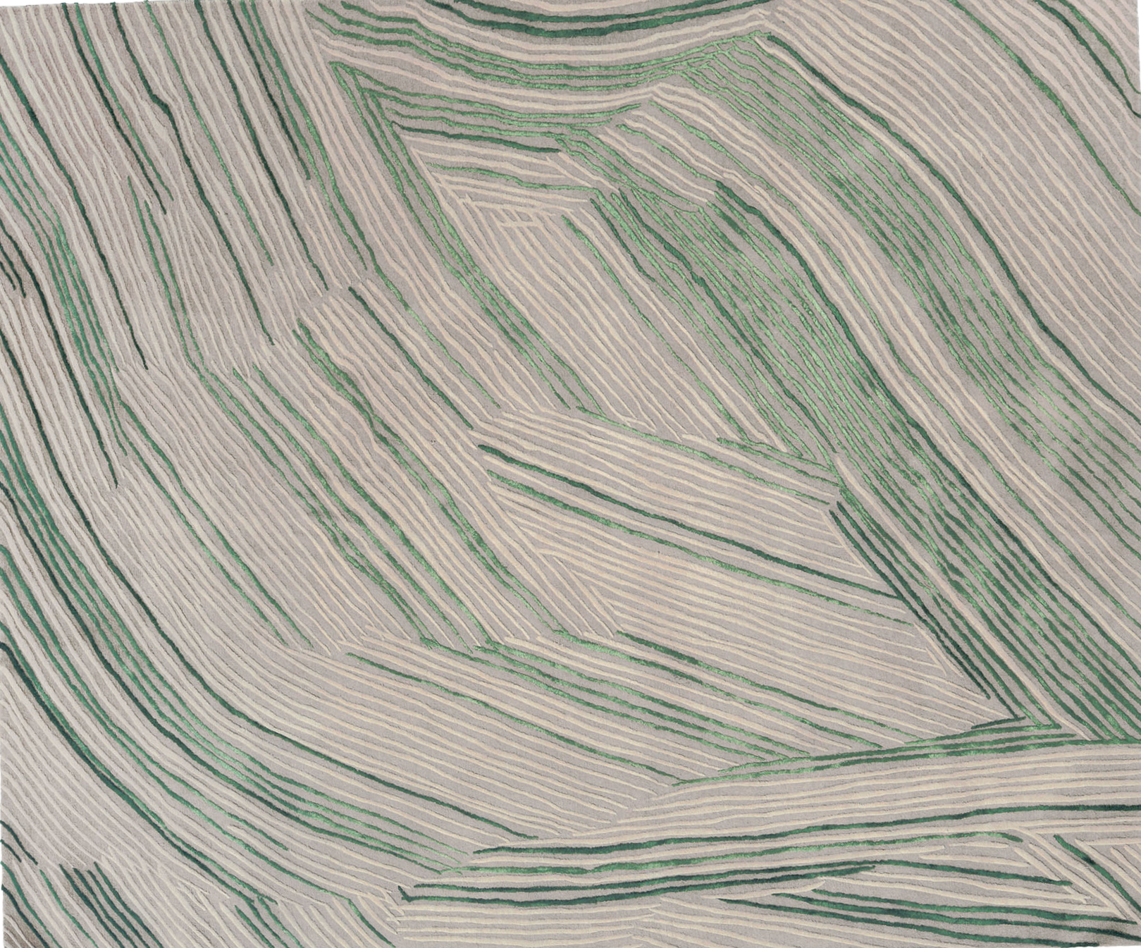 Close-up of a fabric with a geometric line pattern in beige, green, and gray tones.
