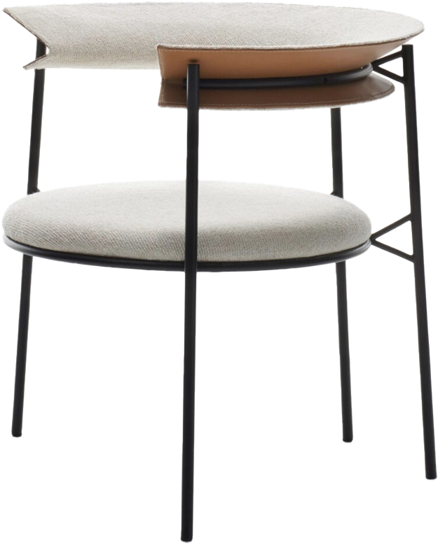 A modern chair with a round cushioned seat, black metal legs, and a small built-in side table attached to the upper side of the backrest.