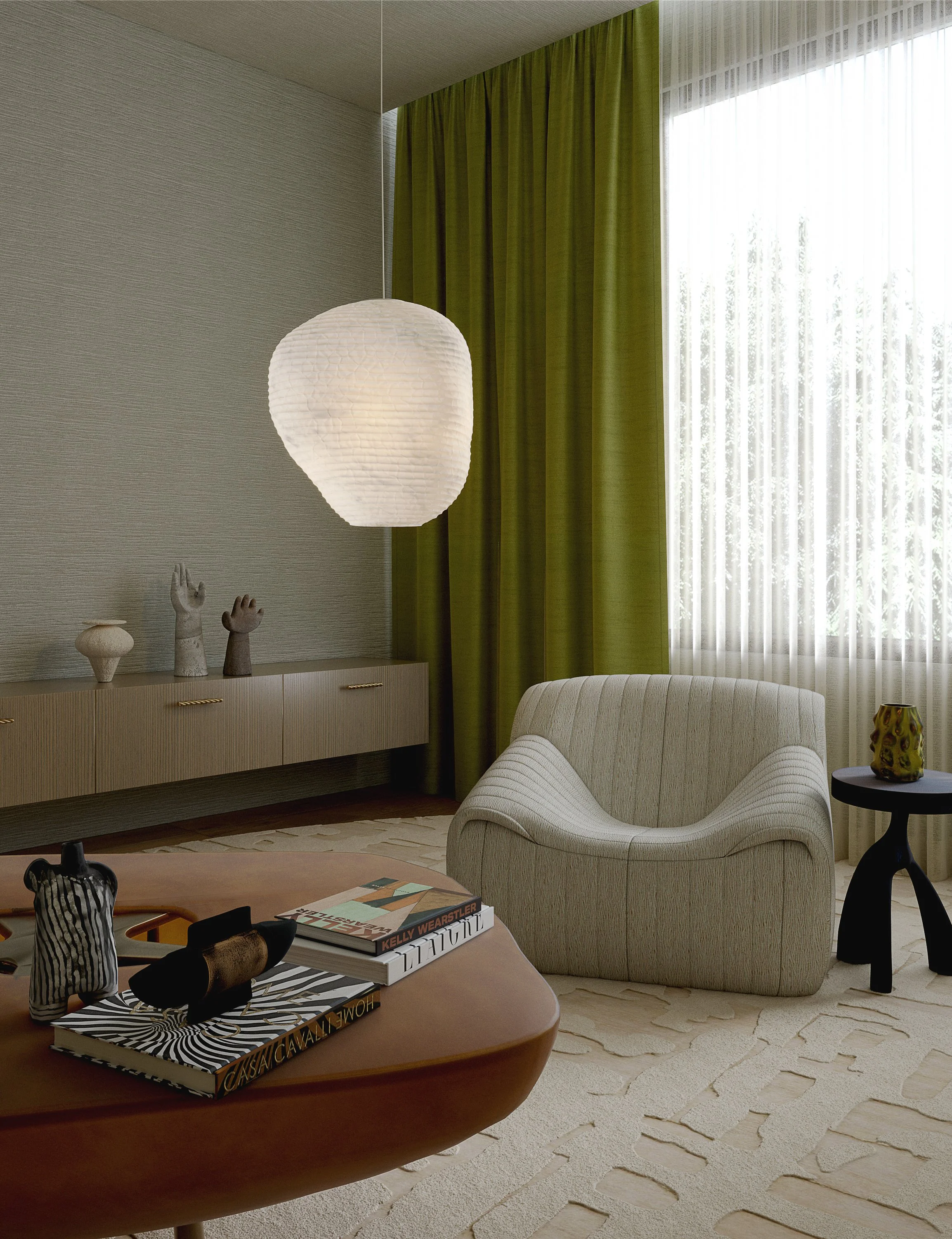 Modern living room with a beige armchair, black side table with yellow vase, curved wooden coffee table with books and decorative objects, wall shelf with vases and sculptures, hanging white paper lantern, green curtains, by Palooza Design