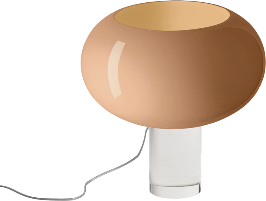 A modern table lamp with a round, wood-colored lampshade and a white base, plugged into an electrical outlet.