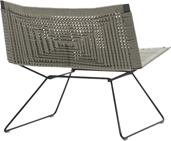 A modern lounge chair with a woven metal backrest and a black metal frame.