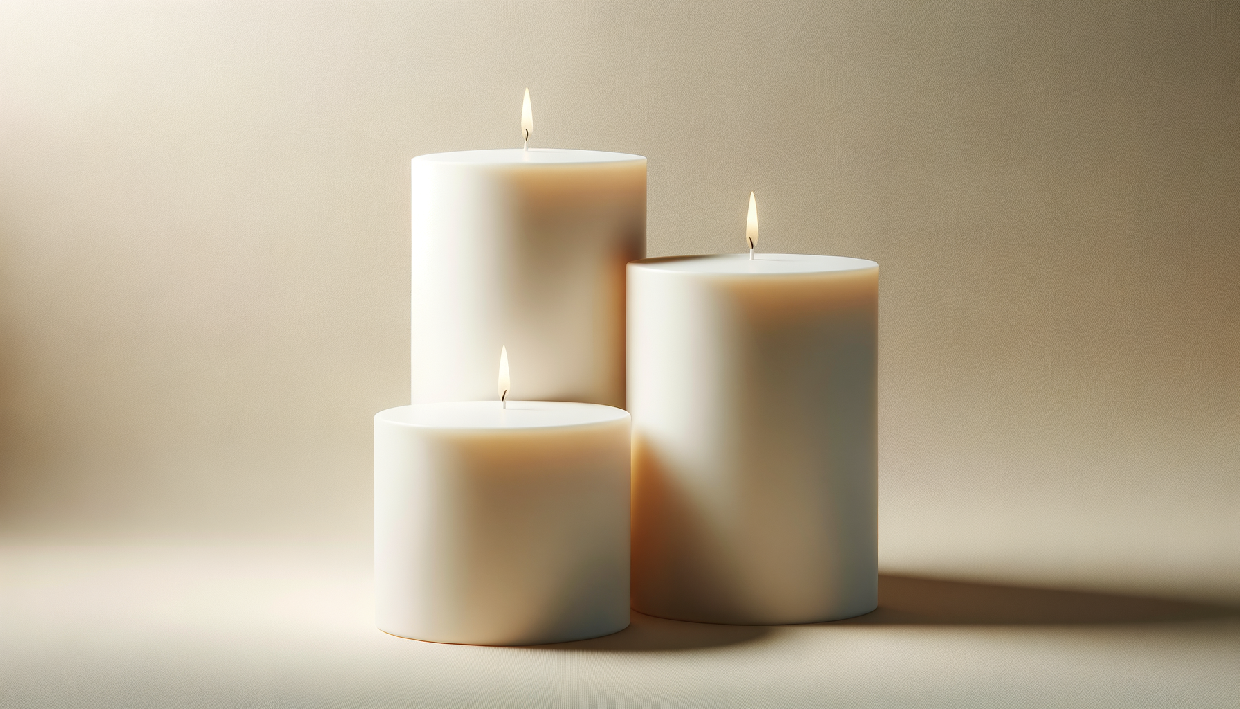 Three white pillar candles of varying heights burning with flames, placed against a neutral background.