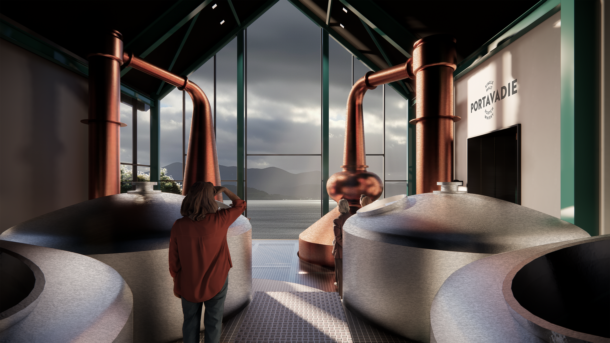 Interior of a whisky distillery with copper stills, a large window showing a loch, mountains and a cloudy sky, and a woman looking at the equipment.