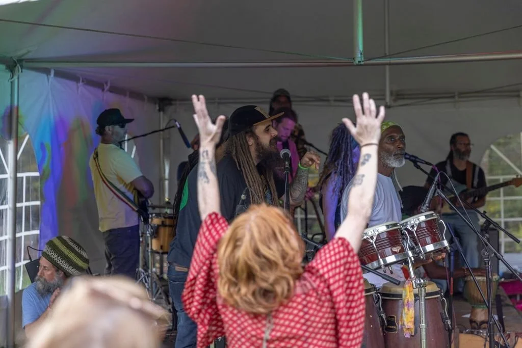 Musicians performing on a stage under a tent, with a woman raising her arms in front of the stage, and a man wearing a hat and having dreadlocks singing into a microphone.