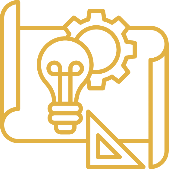 Outline of a light bulb, gear, and drafting tools on a black background.