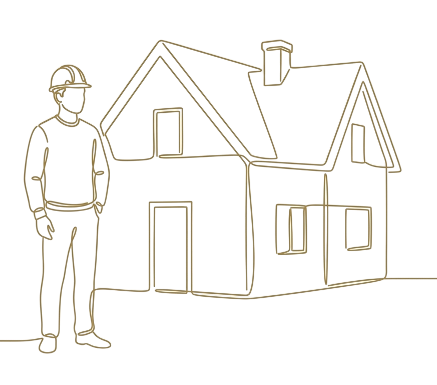 A line drawing of a man wearing a hard hat standing next to a simple outline of a house with a gabled roof and chimney, against a black background.