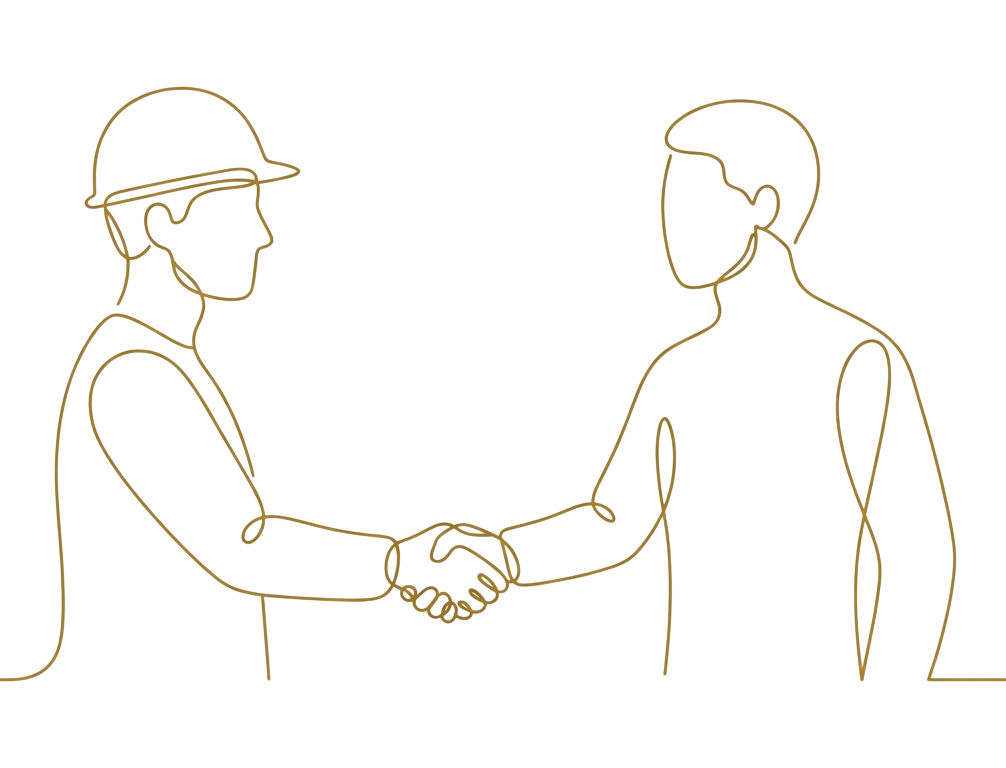 Outline of two men shaking hands, one wearing a hard hat, on a black background.