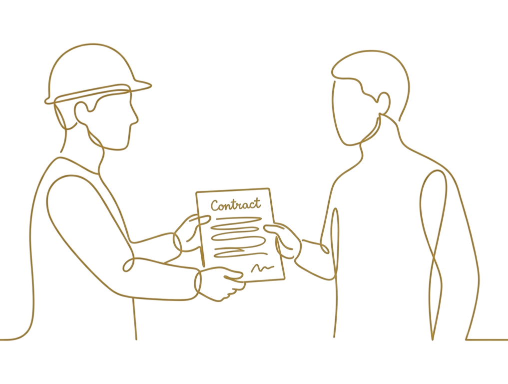Line drawing of two men exchanging a contract, one in a hard hat, on a black background.