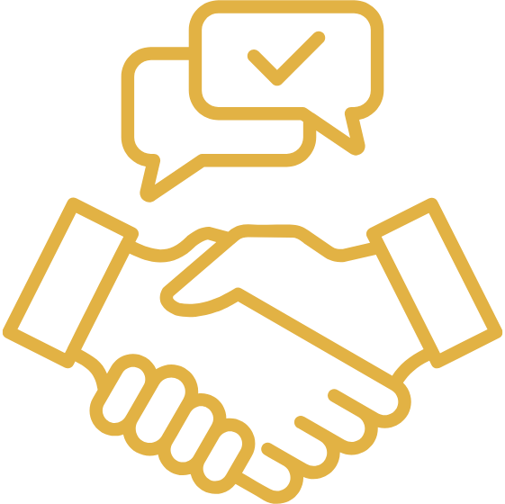 Line drawing of a handshake with chat bubbles above, one containing a check mark, symbolizing agreement or successful communication.