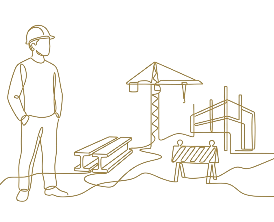 Outline drawing of a construction site with a worker in a hard hat, a crane, and construction barriers.