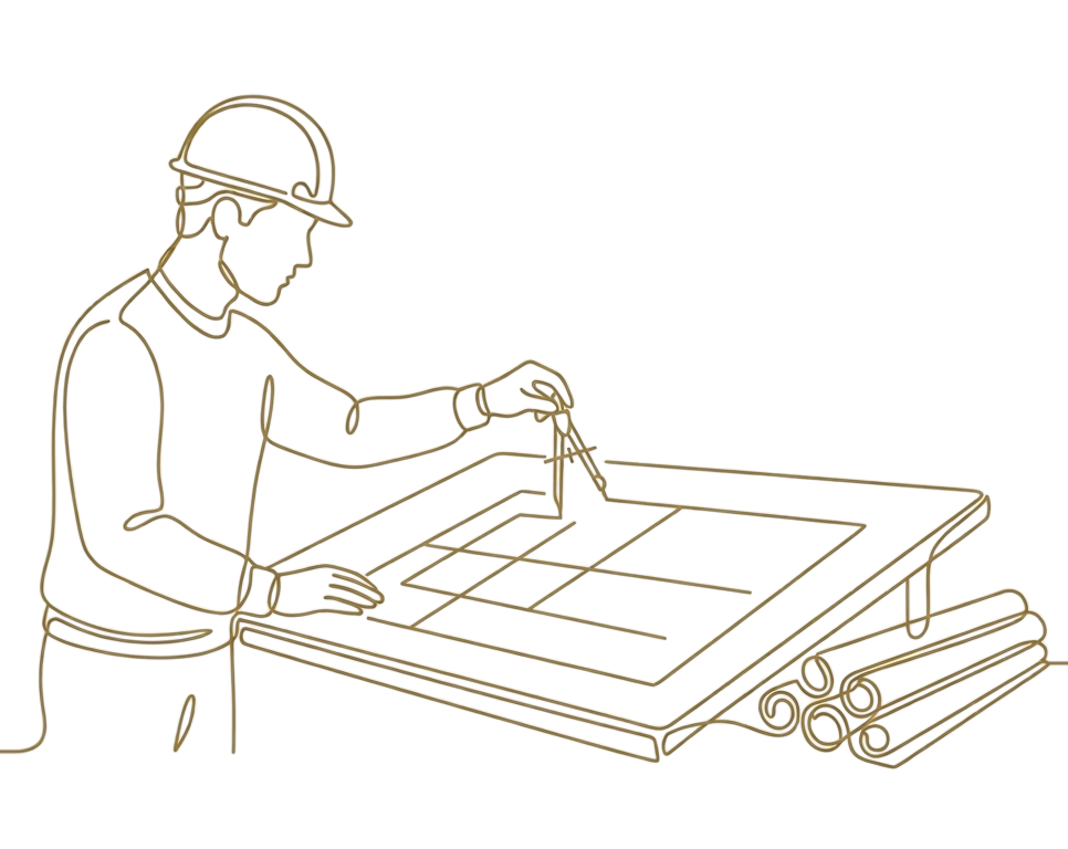 A line drawing of an architect wearing a hard hat, looking at blueprints on a drafting table with rolled-up plans nearby.