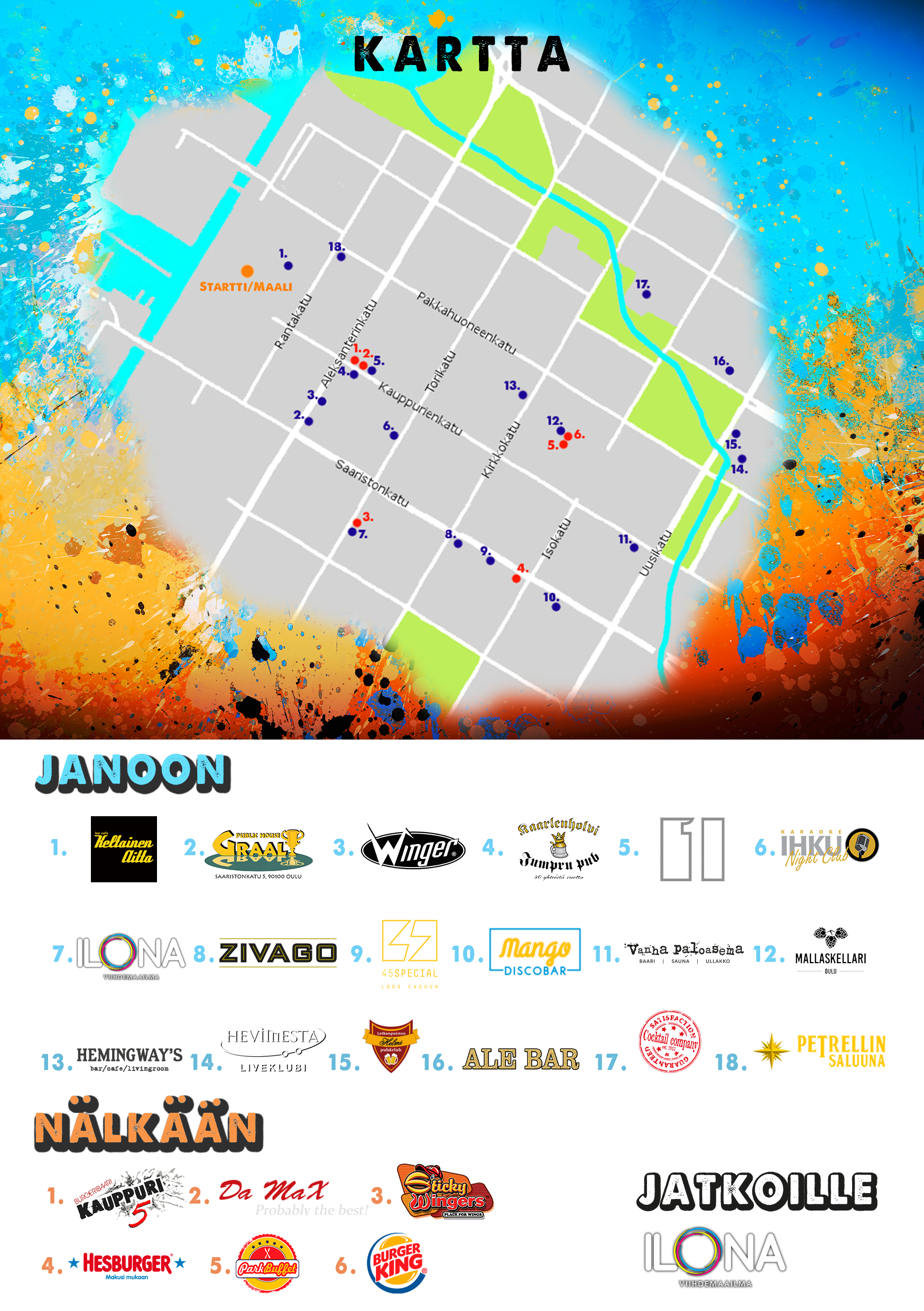 Kartta alueesta Janossa, sisältää polku- ja katugeometrian, sekä sponsoreiden ja ravintoloiden logot alalaidassa.