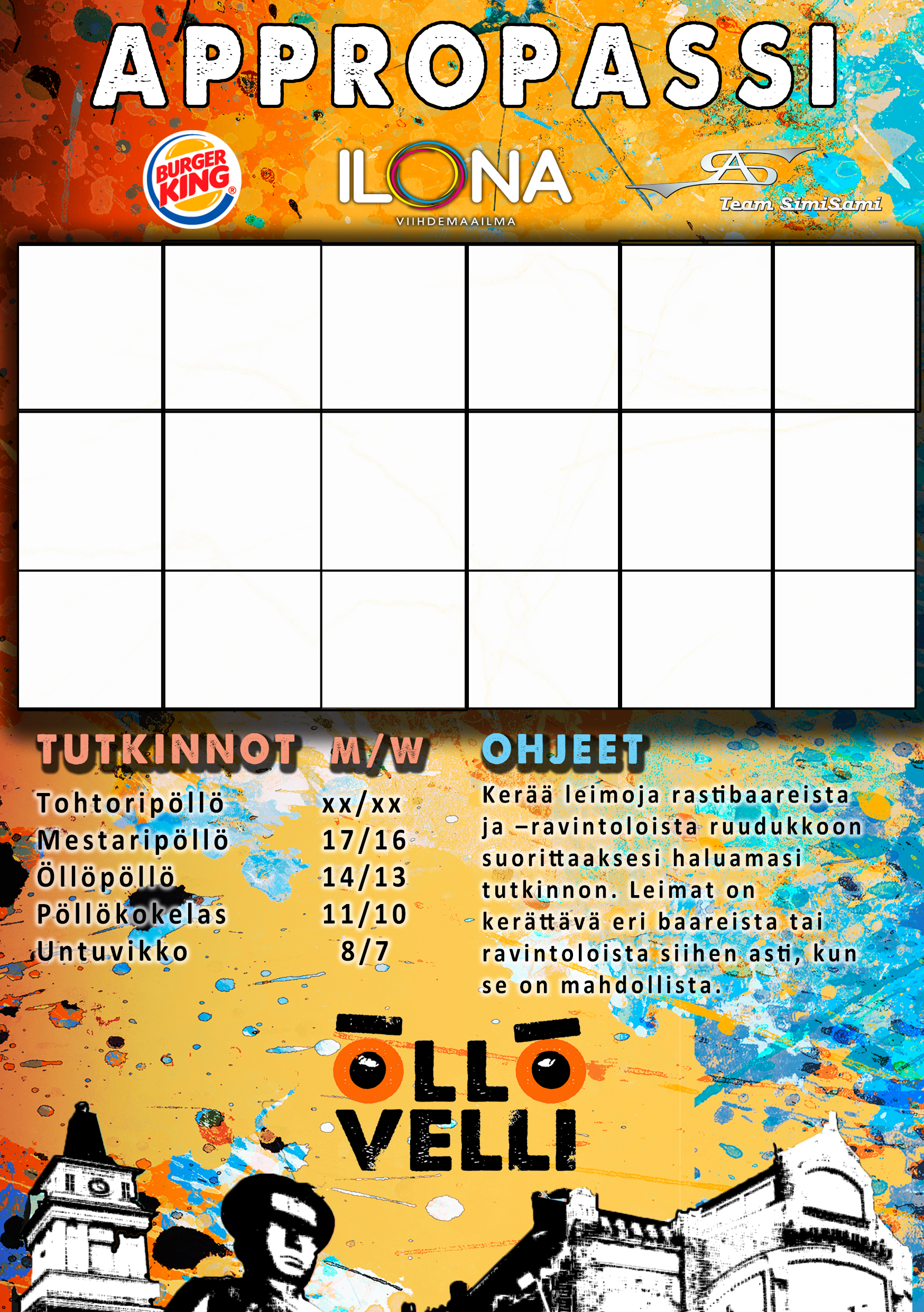 Värikäs postikorttimainen juliste, jossa on graafisia kuvia ja tekstiä suomeksi. Se sisältää kuvauksia koulutustutkinnoista ja objekteista, kuten leimoista ja pisteistä, sekä mainoksia ja suunnitteluohjeita.