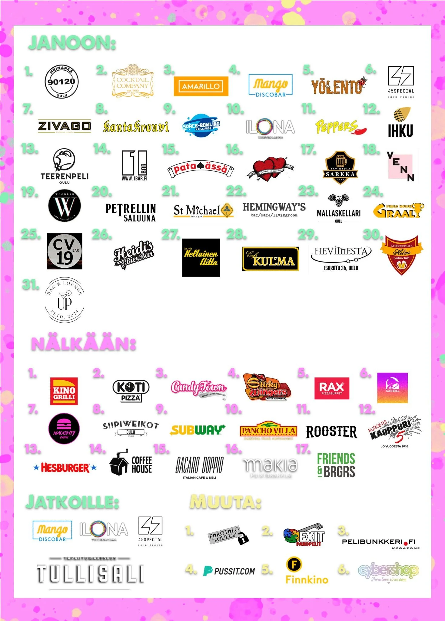 Kuvassa on monia eri mainoksia ja logoja, osin suomalaisia, ja niissä on tekstiä eri kielillä. Taustalla vaaleanpunainen ja violetti kuvio.