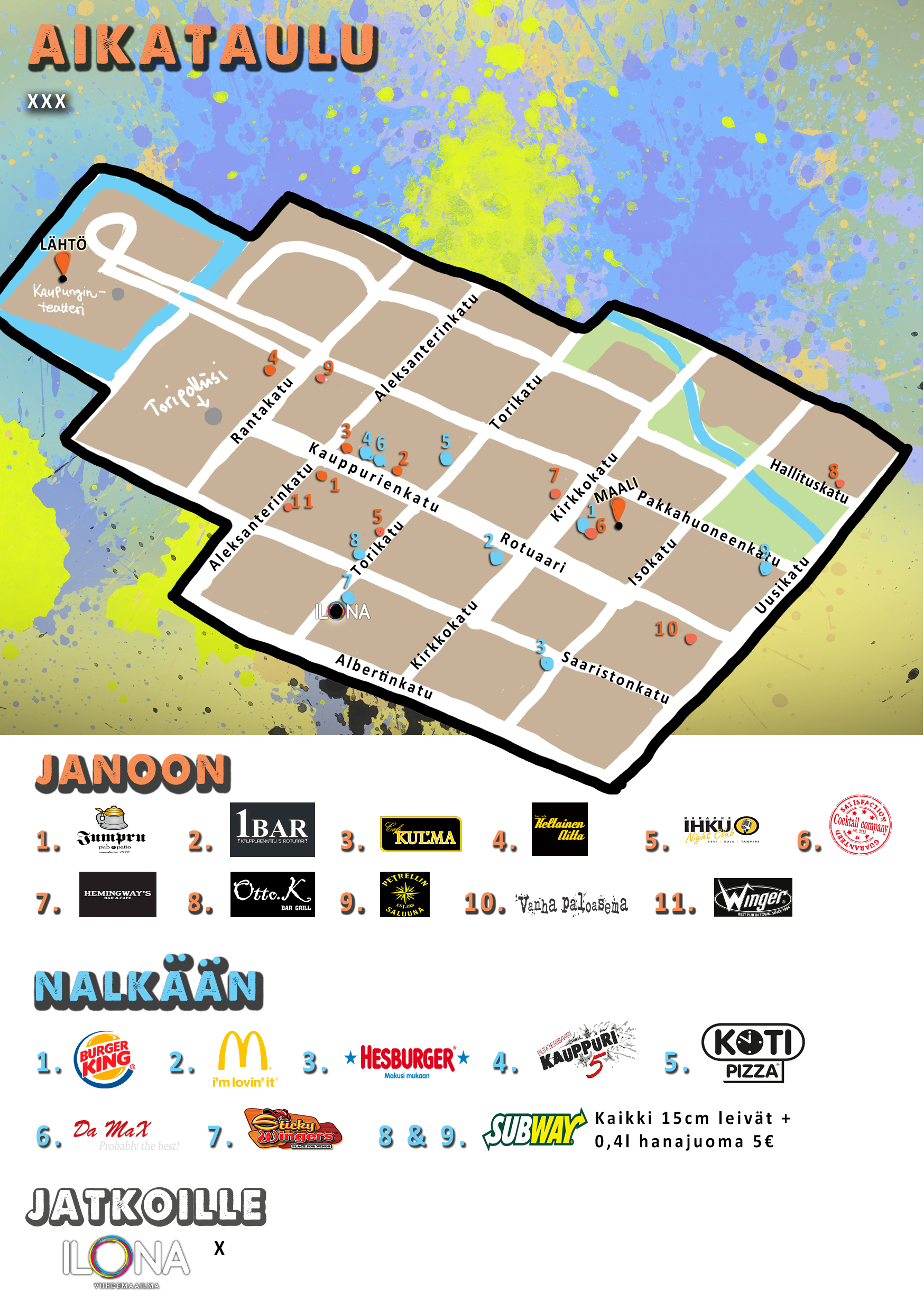 Kartta Kaupungin keskusta-alueesta sisältäen liikenneväylät ja rakennukset, sekä listaus ravintoloista ja baareista, kuten Burger King, McDonald's, Hesburger, ja Subway.