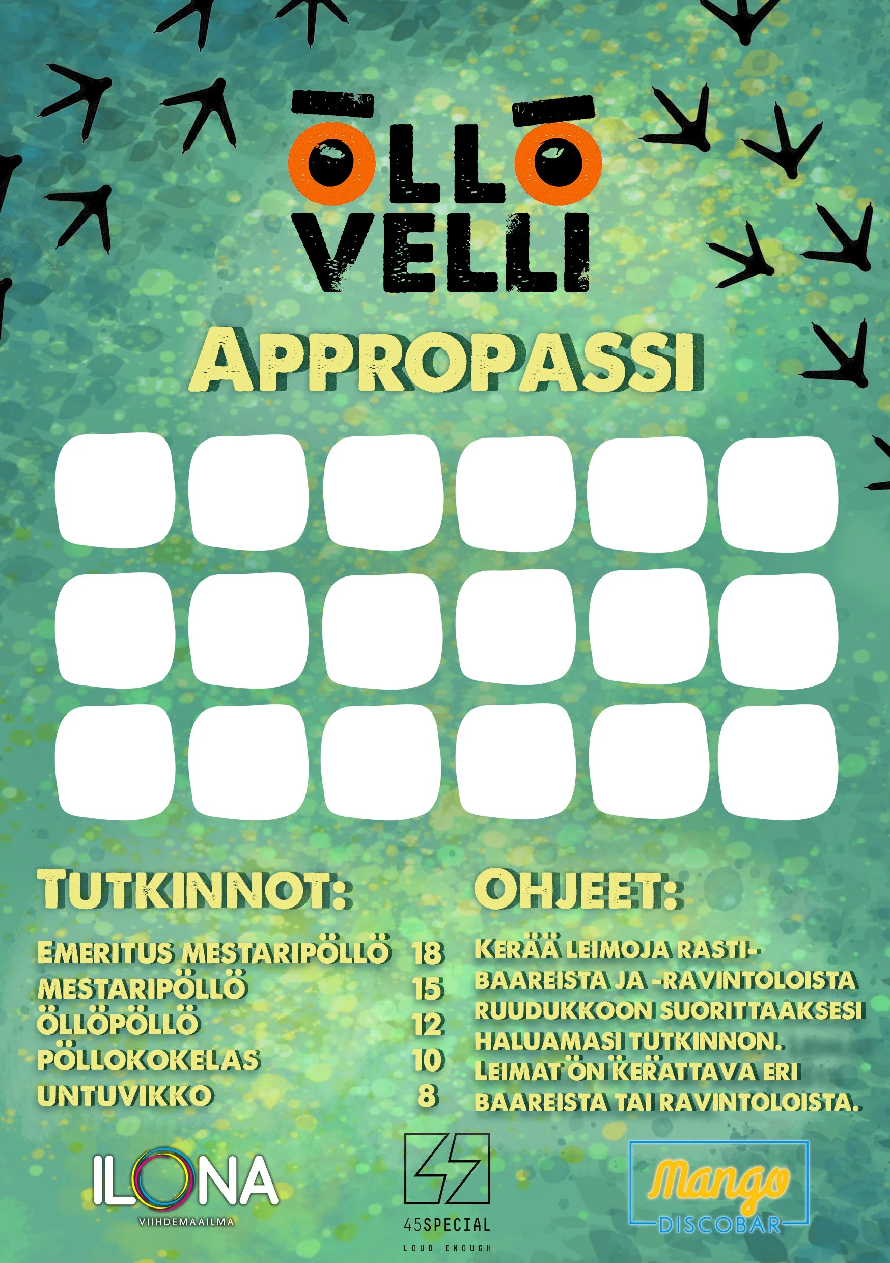 Luonnon teemaista arvontapeli, jossa on 20 tyhjiä siirrettäviä laatikoita, nimiä ja ohjeita, logoja ja vihreä tausta.