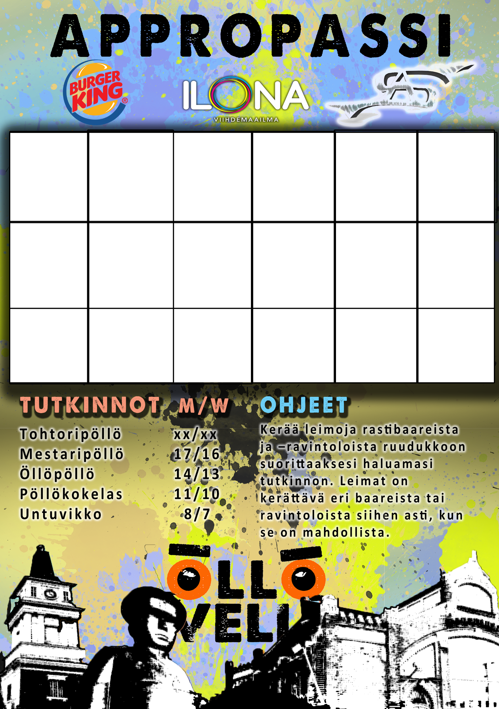 Kuvassa on rastirata- tai tehtäväkilpailupohja, jossa on erilaisia leimoja ja ohjeet. Yläreunassa on logoja Burger Kingistä ja muiden brändien logoja, sekä suuri teksti 'APPROASSI' ja 'ILONA'. Alareunassa on kuvakaappaus rakennuksista ja sanayhdistelmä 'ÖLÖ VELI', koristeellisesti suunniteltu.