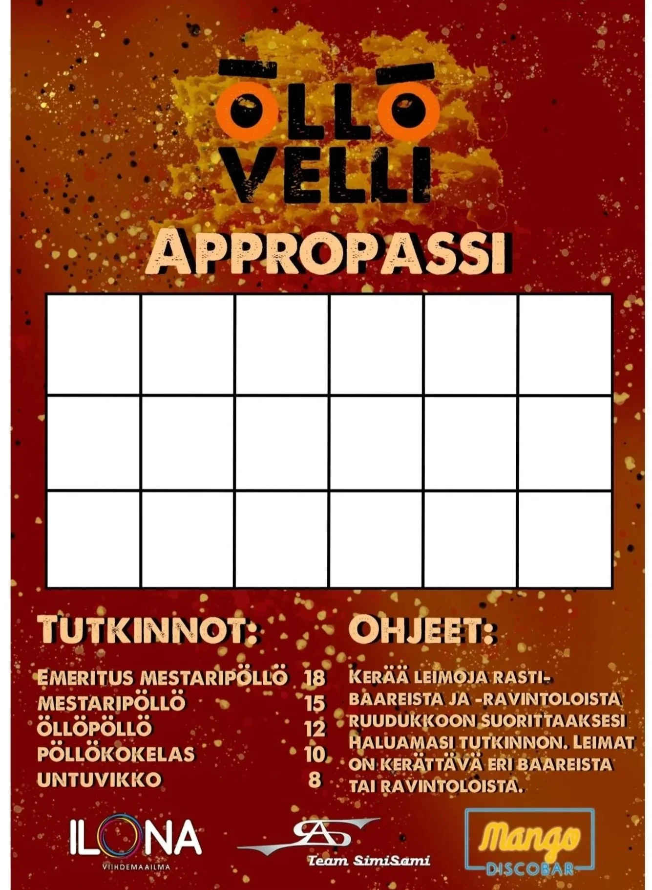 Mainosilmoitus suomalaisesta keräilypelistä, jossa on tyhjä 4x5-rivinen pelilaudan valkoisilla neliöillä, ja ohjeet kerätä leimoja ja suorittaa ravintolasta tai baareista.