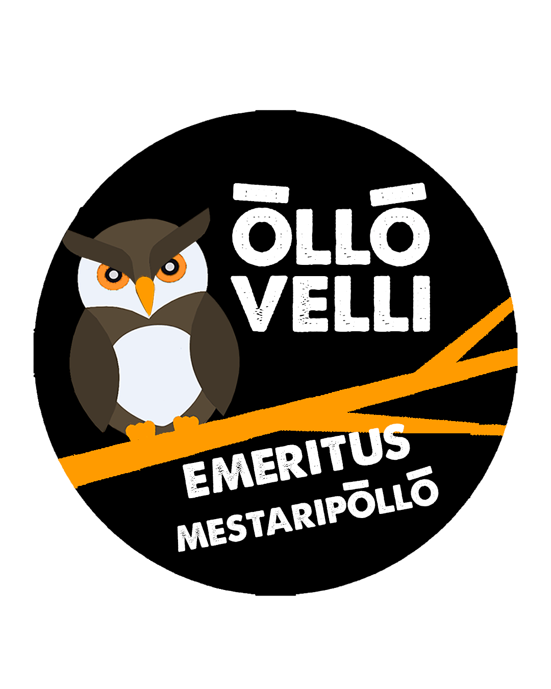 Piirros pöllöstä ja teksti 'Ollō Velli, Emeritus Mestaripöllö'.