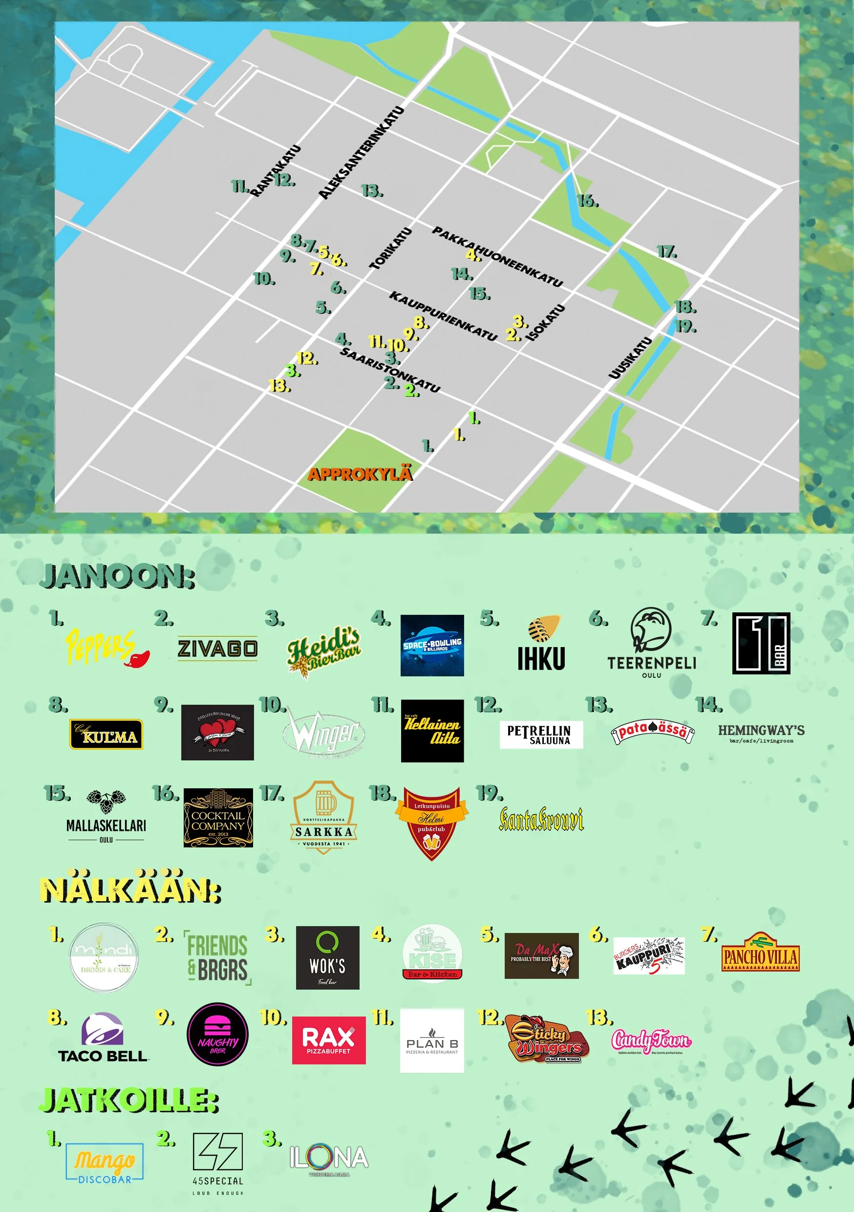 Kartta, jossa eri ravintolat, baaret ja tapahtumapaikat, kuten Pizza Bell, Mango Discobar ja ILO Bar, sekä tapahtumapaikkoja ja muita paikkoja vanhassa kaupungissa.