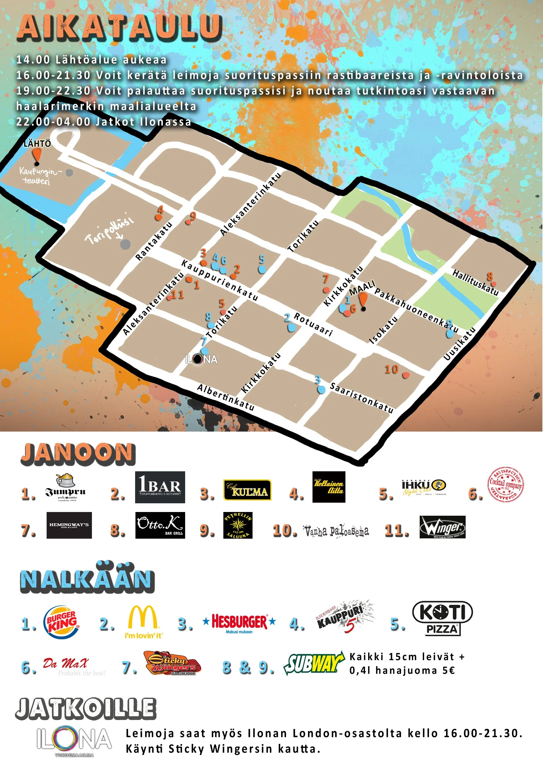 Tapahtumakartta ja tarroja, sisältää ravintoloiden ja kahviloiden sijainteja Oulun keskustassa, sekä tapahtuman aikataulut ja nimilista.