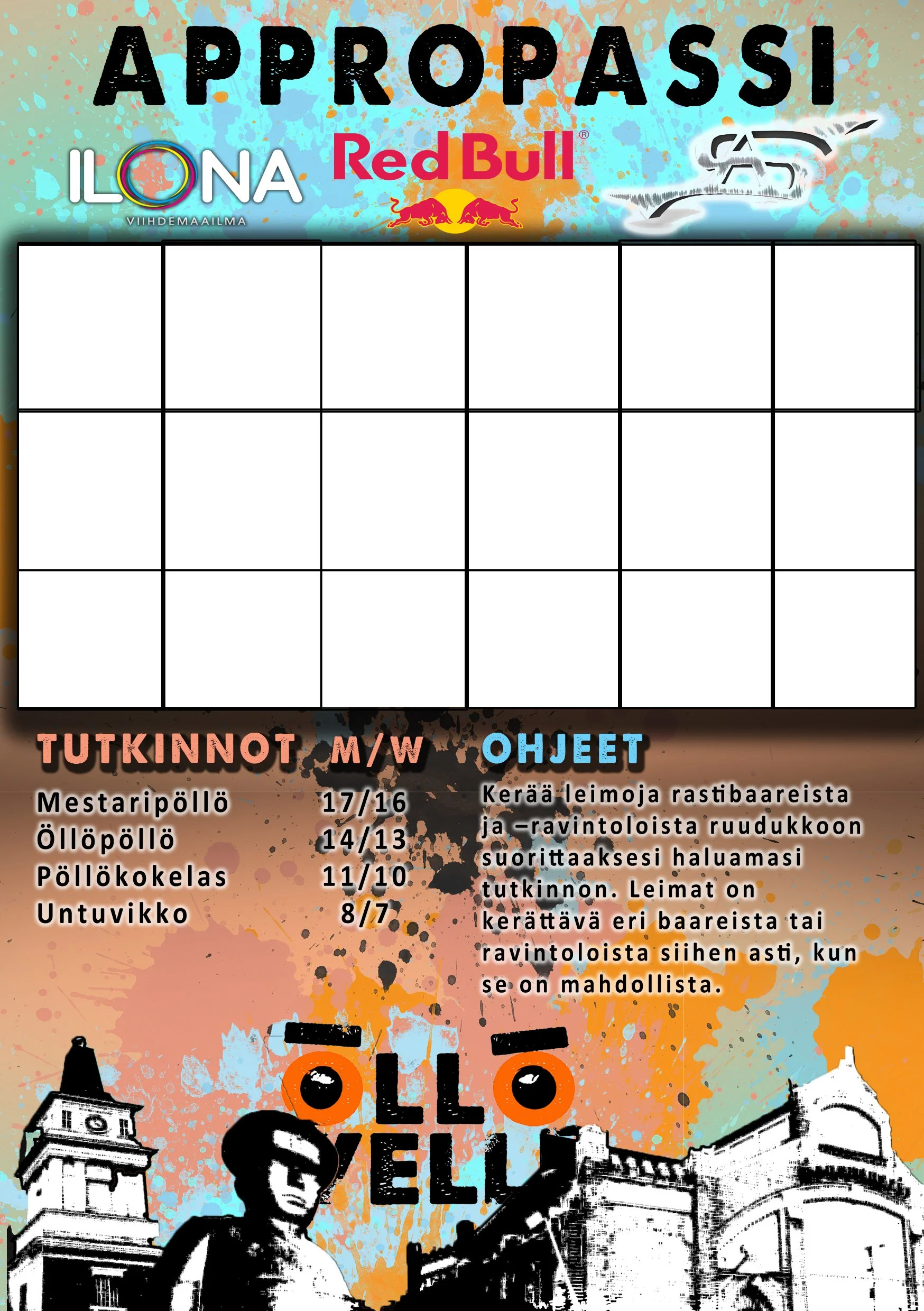 Kuvassa juliste, jossa on erilaisia osioita ja tekstejä suomeksi, muun muassa "APPROPASSI", "TUTKINNOT", "OHJEET" ja "OLÖ ELLÖ". Taustalla on kaupungin rakennuksia ja graafisia elementtejä, sekä kuvassa näkyy nuori mies.