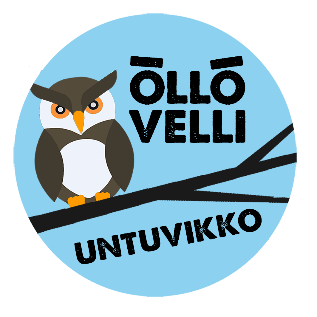 Piirros viiri ja pöllö, jossa teksti "Ollò Velli Untuvikko" sinisellä taustalla.